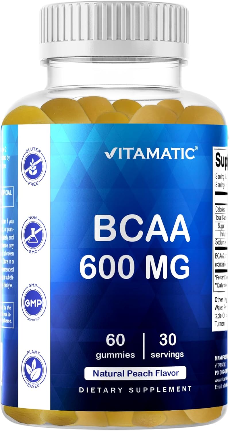 Vitamatic BCAA Gummies – Branch Chain Amino Acid Supplements – Peach Flavor – 600mg per Serving – 60 Vegan Pectin Based Gummies (1 Bottle) Vitamatic BCAA Gummies – Branch Chain Amino Acid Supplements – Peach Flavor – 600mg per Serving – 60 Vegan Pectin Based Gummies (1 Bottle)