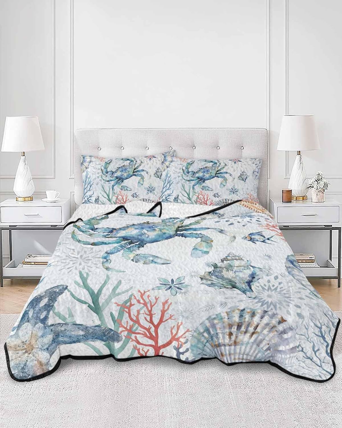 King Size Quilt Set, Summer Sea Crab Coral Lightweight Bedspread Coverlet Set Soft Microfiber Summer Quilt with 2 Pillow Shams, Marine Life on Blue Background 3 Piece Comforter Bedding Set