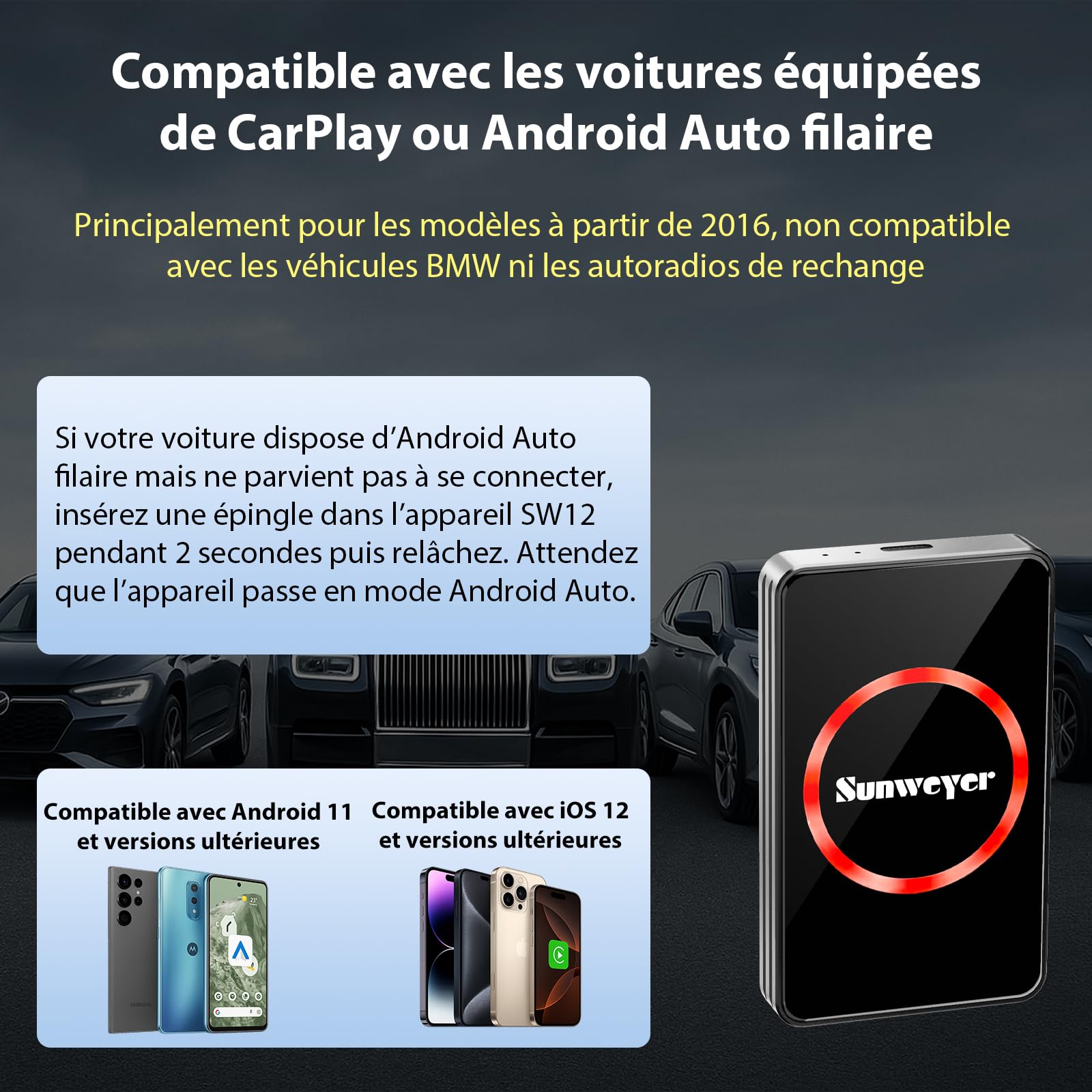 Sunweyer Adaptateur sans Fil CarPlay 2025 Android Auto Streaming Box SW12 avec Netflix, Youtube, Hulu, Installation de l'application – AI Box, Dual WiFi, HDMI, lumière d'ambiance LED (SW12 Pro)