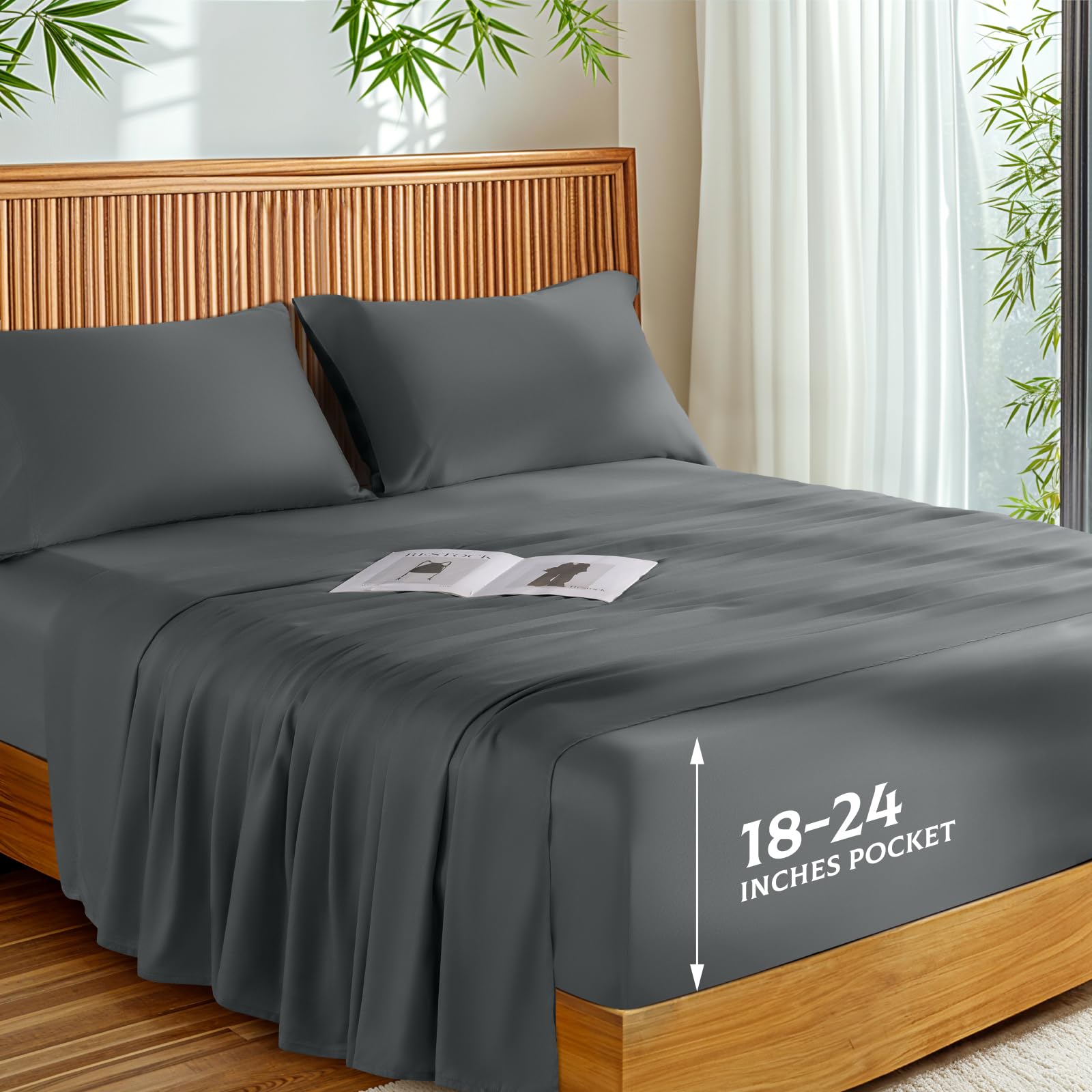 SONORO KATE 100% Viscose Derived from Bamboo_, Extra Deep Pocket up to 18"-24",Ultra Soft & Cooling Sheets for Hot Sleepers (Dark Grey,King)