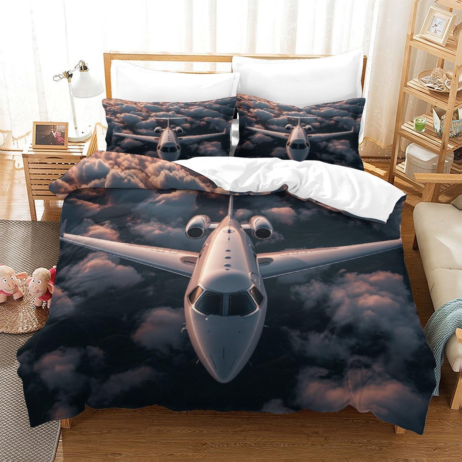 P1S9U7W5Y 3D Printed Cloud Airplane Duvet Cover Set 3pcs Soft Microfiber Aviation Bedding Set King（220x240cm）