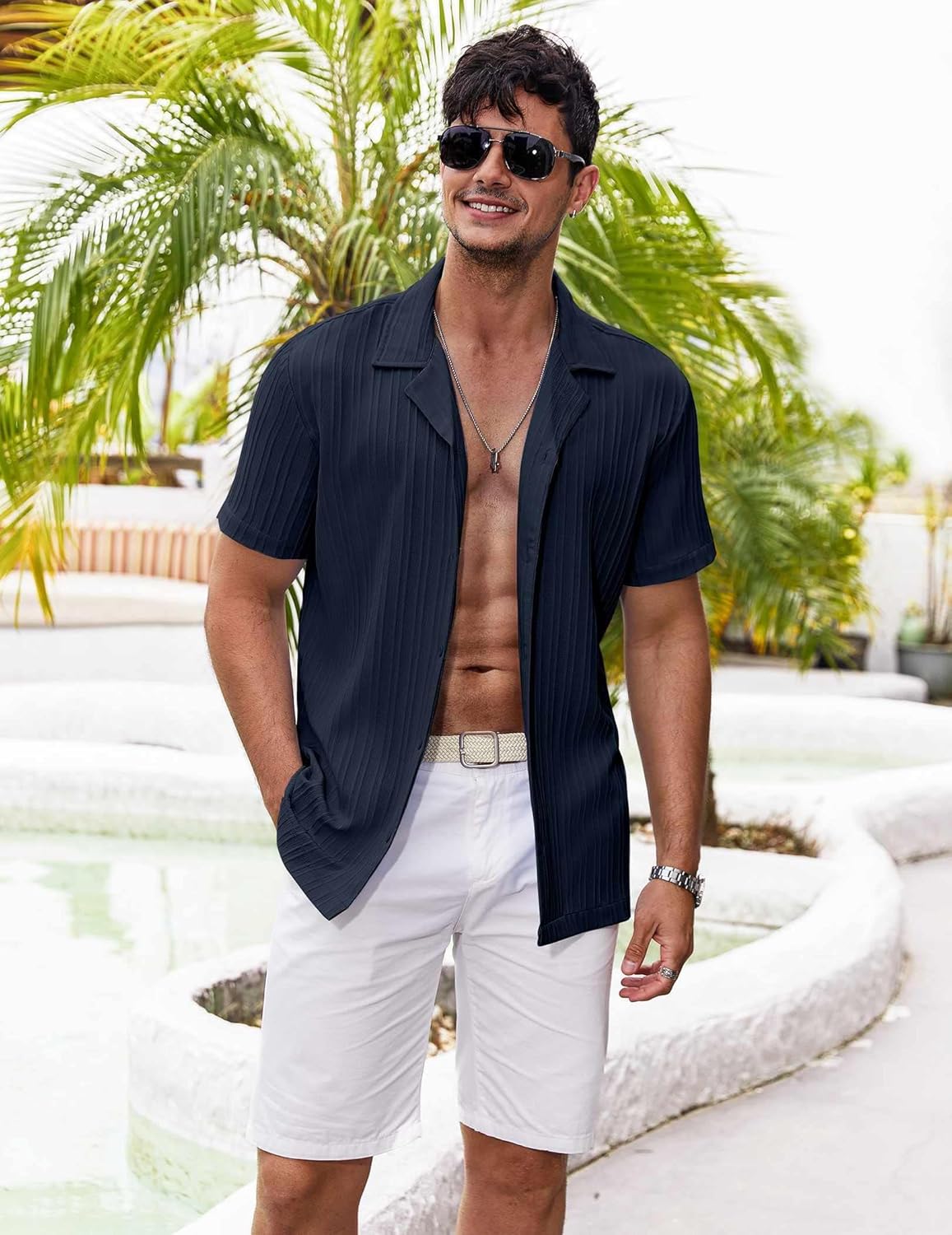 COOFANDY Men's Casual Shirts Short Sleeve Button Down Shirts Fashion Textured Summer Beach Shirt - Image 2