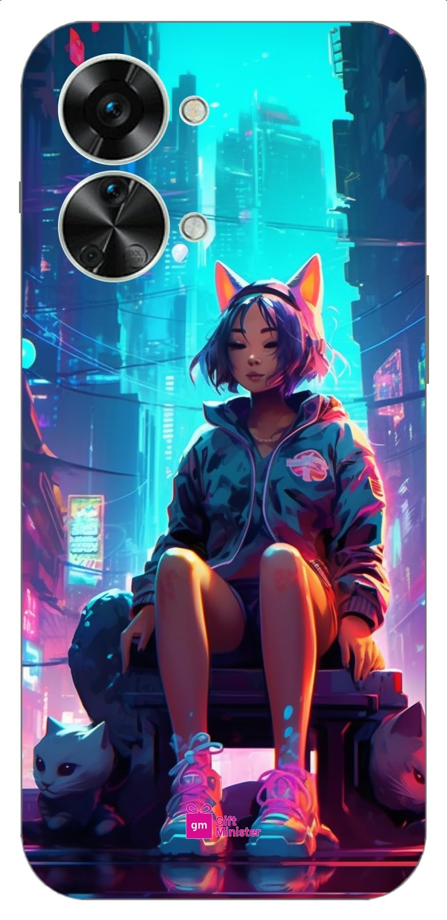 Soft Designer Mobile Case for One Plus Nord 2T 5G Back Cover Brown - Neon Waifu City Street Happy Atmosphere Floating Upside Cat Head Crossed Legs Anime Perplexed Expression 1Pcs 17012