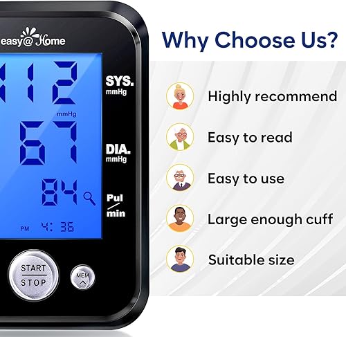 Miniatura 5 de EasyHome Monitor de presión arterial Monitor de presión arterial automático preciso con aplicación gratuita MyHeartPal - Pantalla retroiluminada de