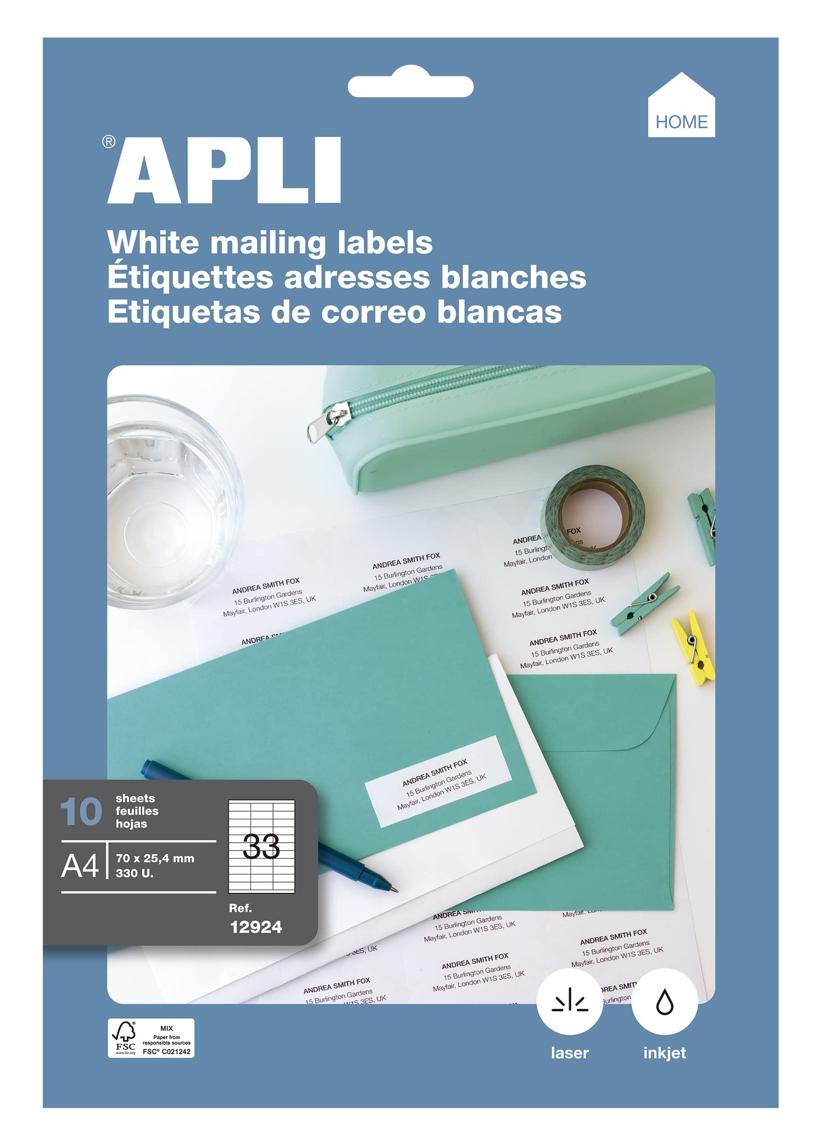 APLI 10 Sheets 70.0 x 25.4 mm Permanent Labels 12924