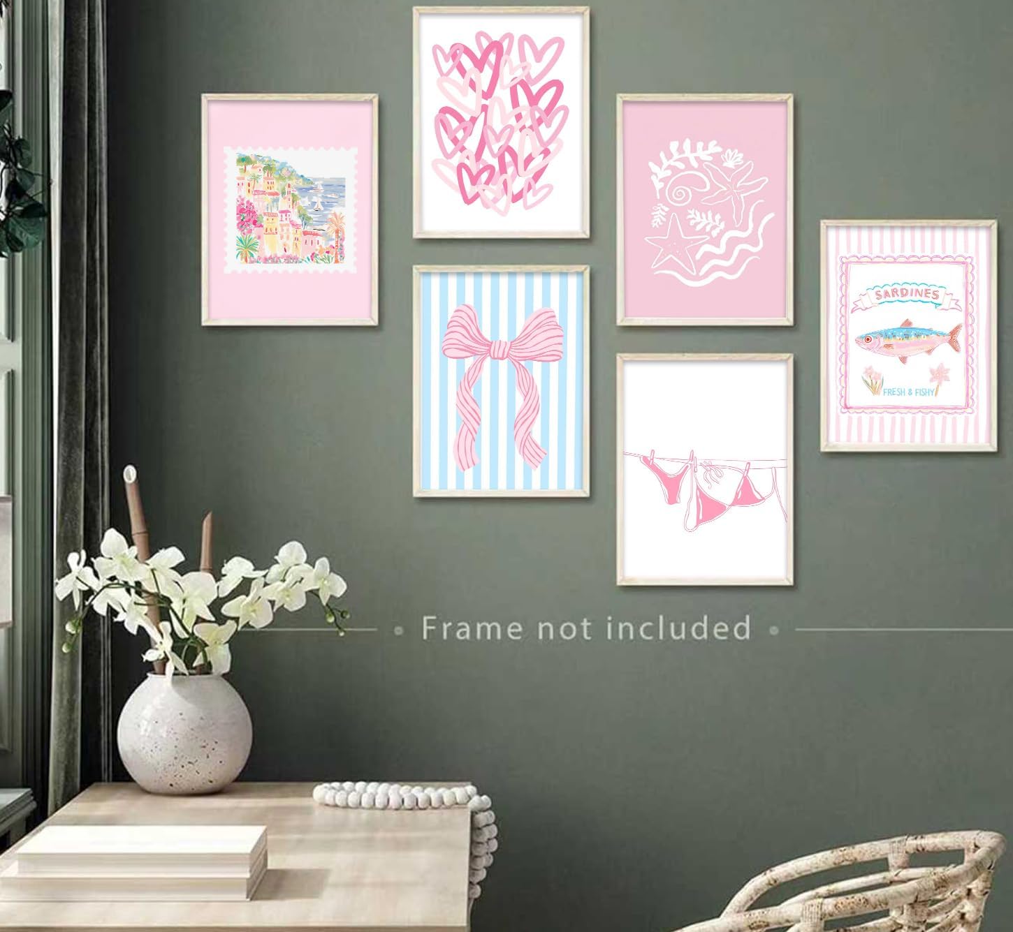 Pink Coastal Preppy Canvas Wall Art Bikini Bow Pictures Wall Decor Beach Starfish Posters Hearts and Sardines Coastal Granddaughter Aesthetic Print Artwork for Girl's Room Dorm Apartment, Unframed