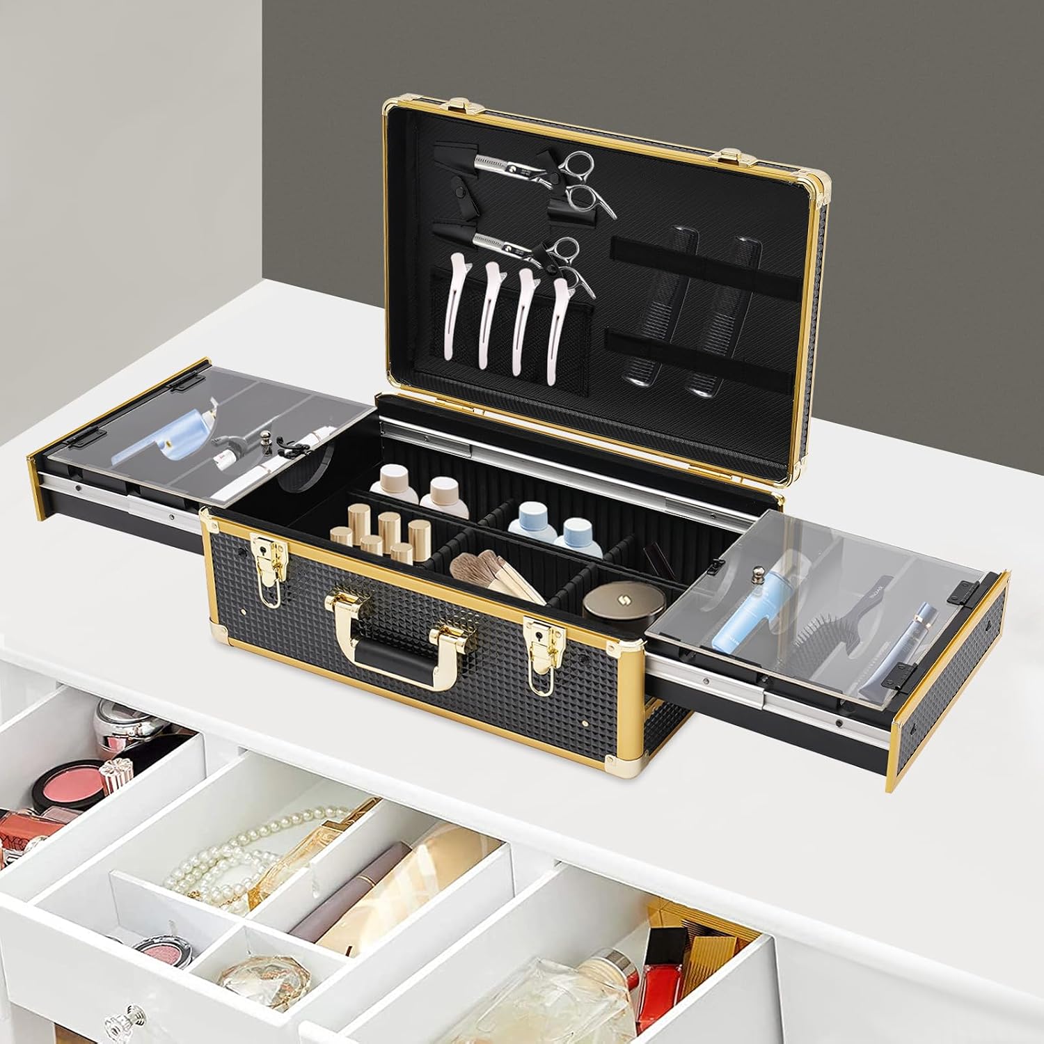 Barber Case Organizer, Rectangular Barber Tool Box Barber Case with Locks & Keys for Clippers and Supplies, 50kg/110.23lbs Load-Bearing Capacity Barber Carrying Case