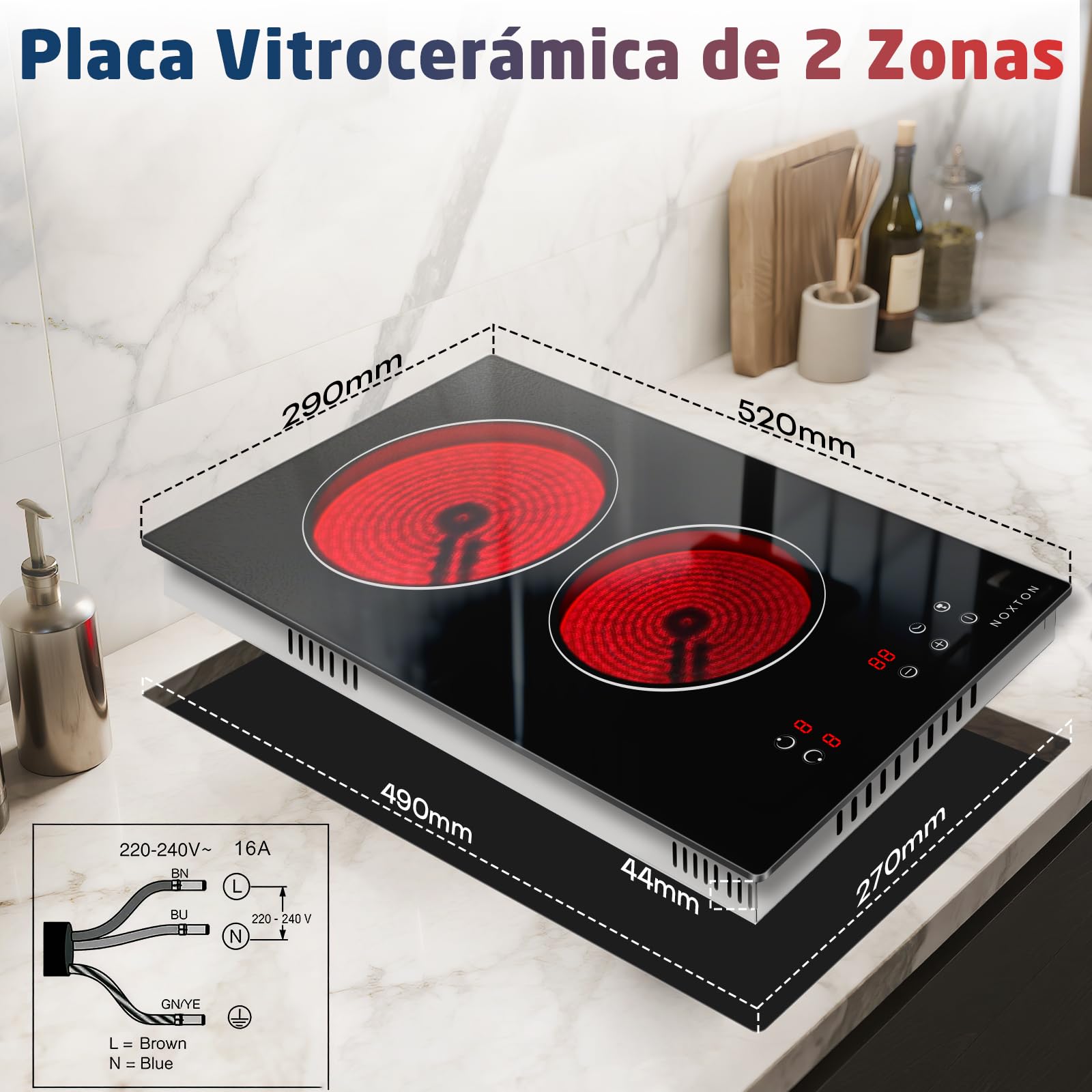 Placa Vitrocerámica 2 Fuegos, 30 cm, Control Táctil, 3000 W, NOXTON