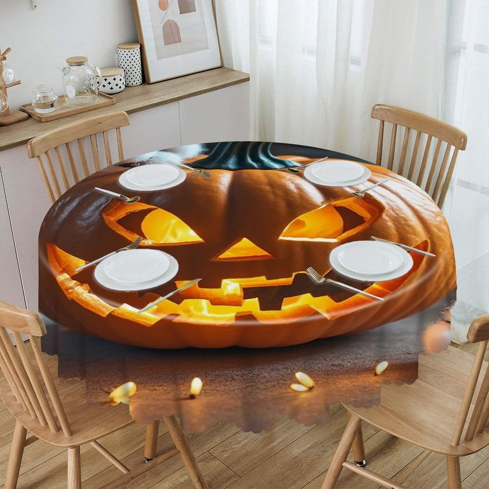 FekiLoot Pumpkin Lantern Round Tablecloths 60 Inch Resistant Washable Polyester Table Cloth Style Decorative Circle Fabric Table Cover for Dining Kitchen Party Farmhouse Outdoor