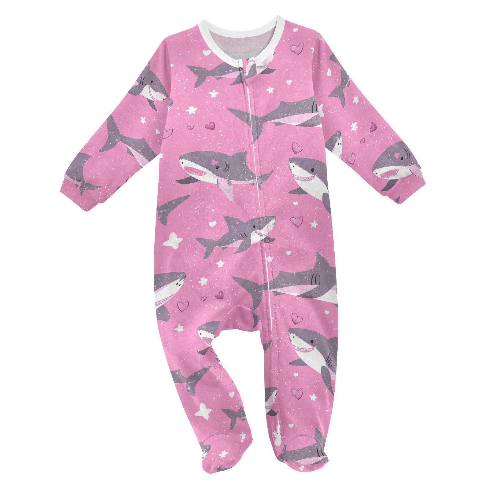 Wusikd Sharks Pink One-Piece Footies Stars Bodysuit Rompers Zipper for Boys Girls 24M