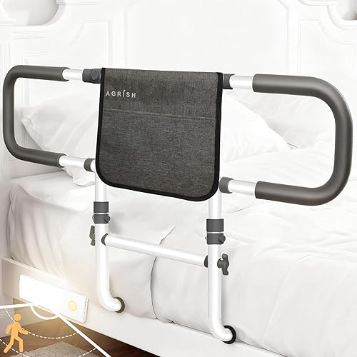 Agrish Rieles de cama para adultos mayores, rieles de cama extendidos ajustables para personas mayores con bolsa, rieles laterales de cama aprobados