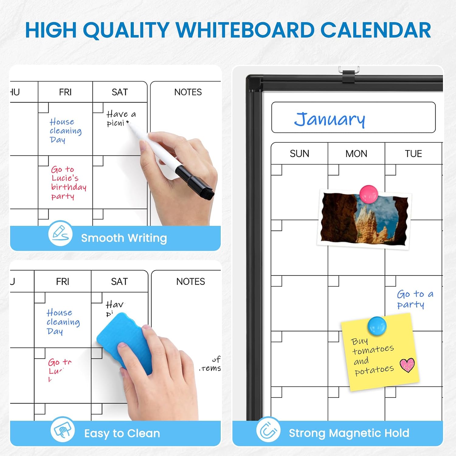 Monthly Calendar Dry Erase Whiteboard, 24" x 18" Magnetic Calendar White Board, Double-Sided Portable Board with Black Aluminium Frame for Office, Kitchen, School, Home