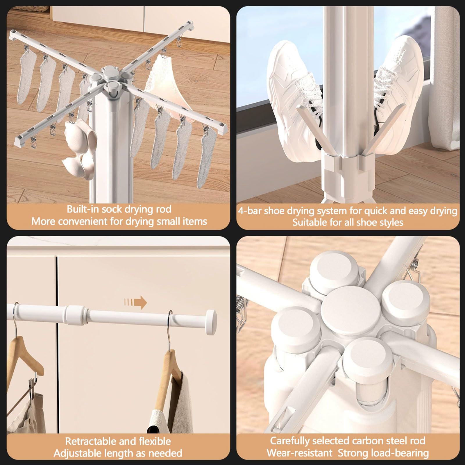 Weniger Faltbarer Wäscheständer aus Stahl | Mehrfarbiger 132 cm großer Camping-Balkon for drinnen und draußen: faltbare Wäschetrocknungslösung(White)