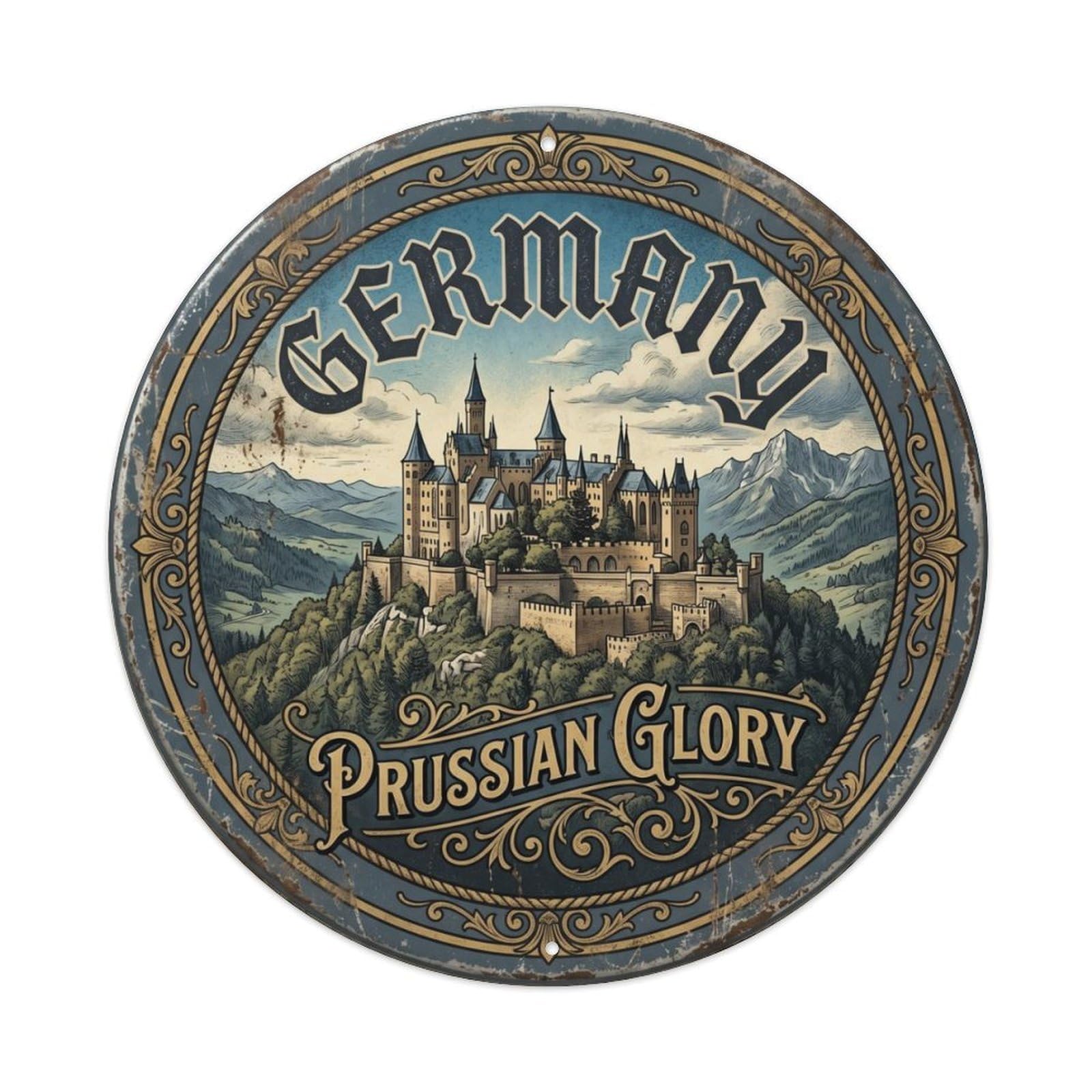 Vintage Travel Hohenzollern Prussian Glory Metal Tin Sign Plaque Wall Decor for Cafe, Club, Garden Round Metal Poster 8x8Inch