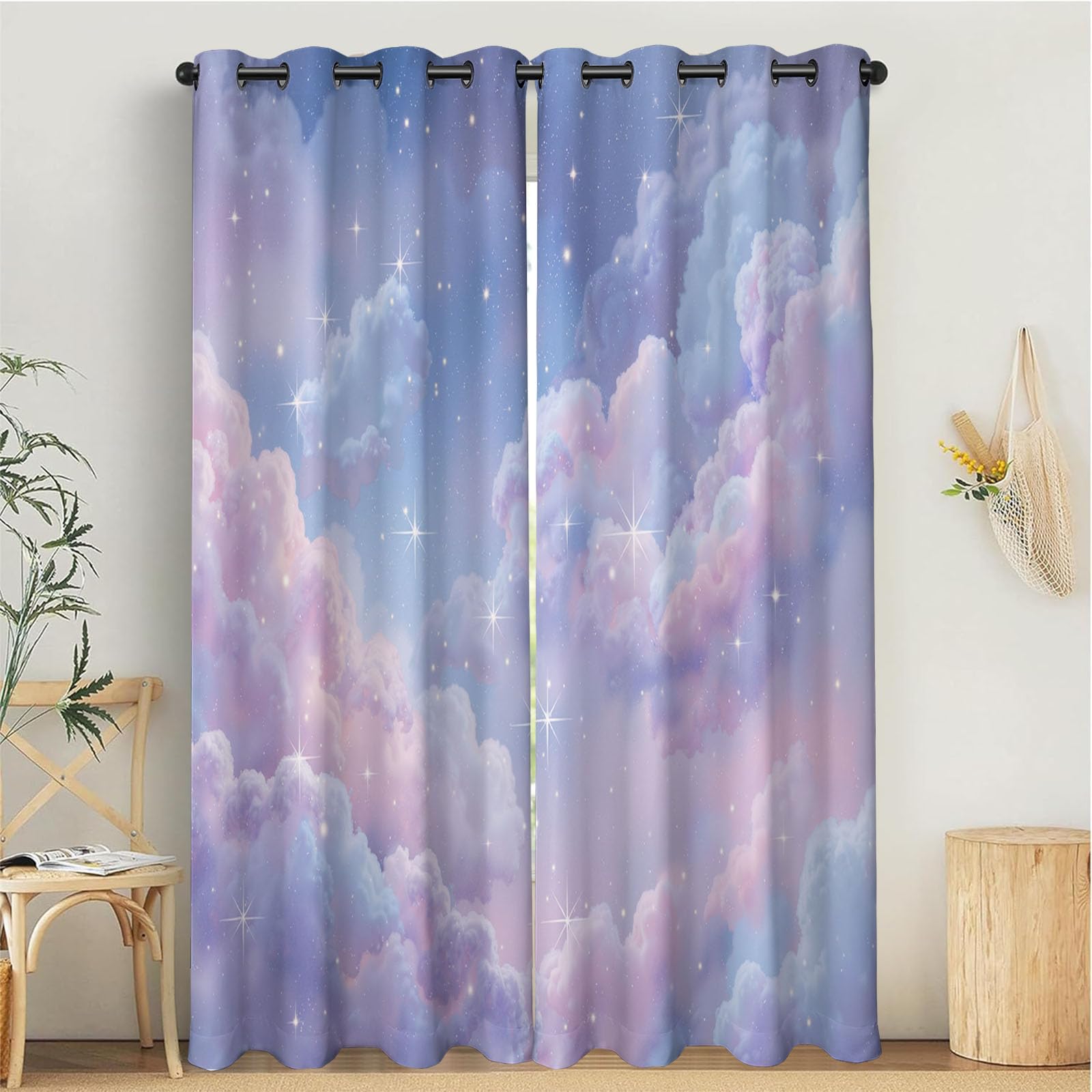 Style Aquarelle Rideau Occultant,Étoiles Et Nuages Rideaux Thermiques À Oeillets, Rose-Violet Rideaux Imprimé pour Salon Chambre Fenetre Décoration - L140×H260Cm (2 Panneaux)