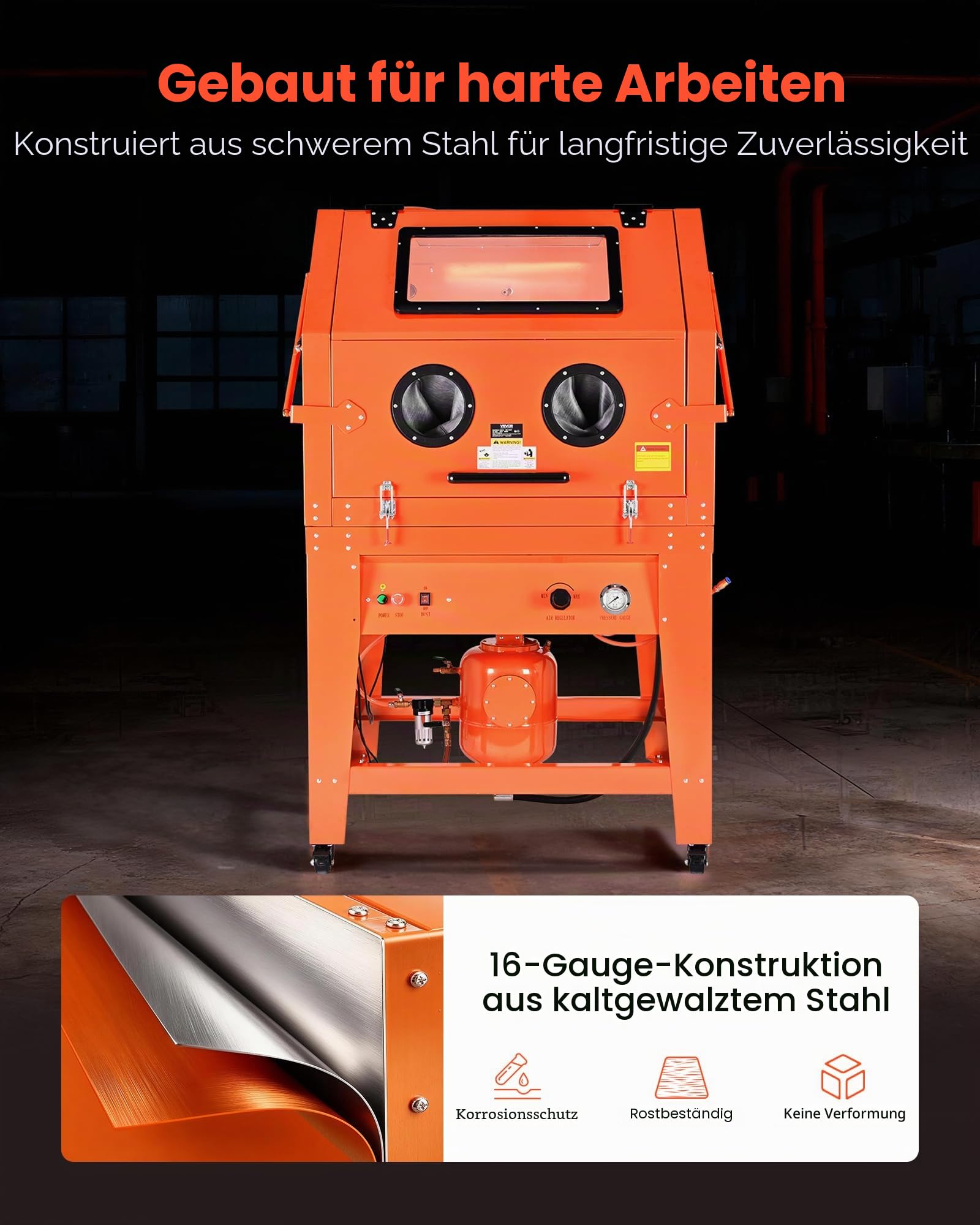 VEVOR Sandstrahlkabine 926 L, Sandstrahlgerät aus Stahl auf Rädern, mit 121 L Strahlmittelbehälter und 1,6-PS-Staubabsaugung, Sandstrahlanlage für die Oberflächenbearbeitung übergroßer Teile