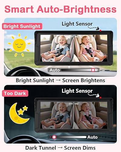 Miniatura 3 de Rohent Cámara dual para automóvil de bebé para 2 niños: pantalla dividida HD de 6.9 pulgadas con brillo automático Cámara de asiento trasero