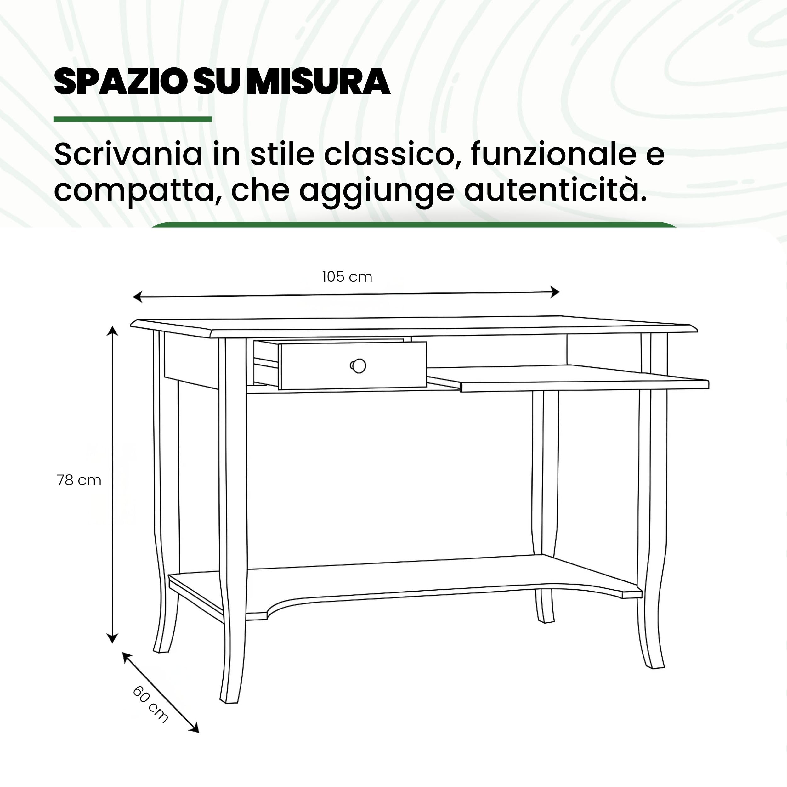 Mar.c.a. Design - Scrivania Ufficio per PC in Legno Noce Scuro, Stile Classico Arte Povera con Porta Computer Fisso, Cassetti e Piano Estraibile per Tastiera e Mouse - Made in Italy
