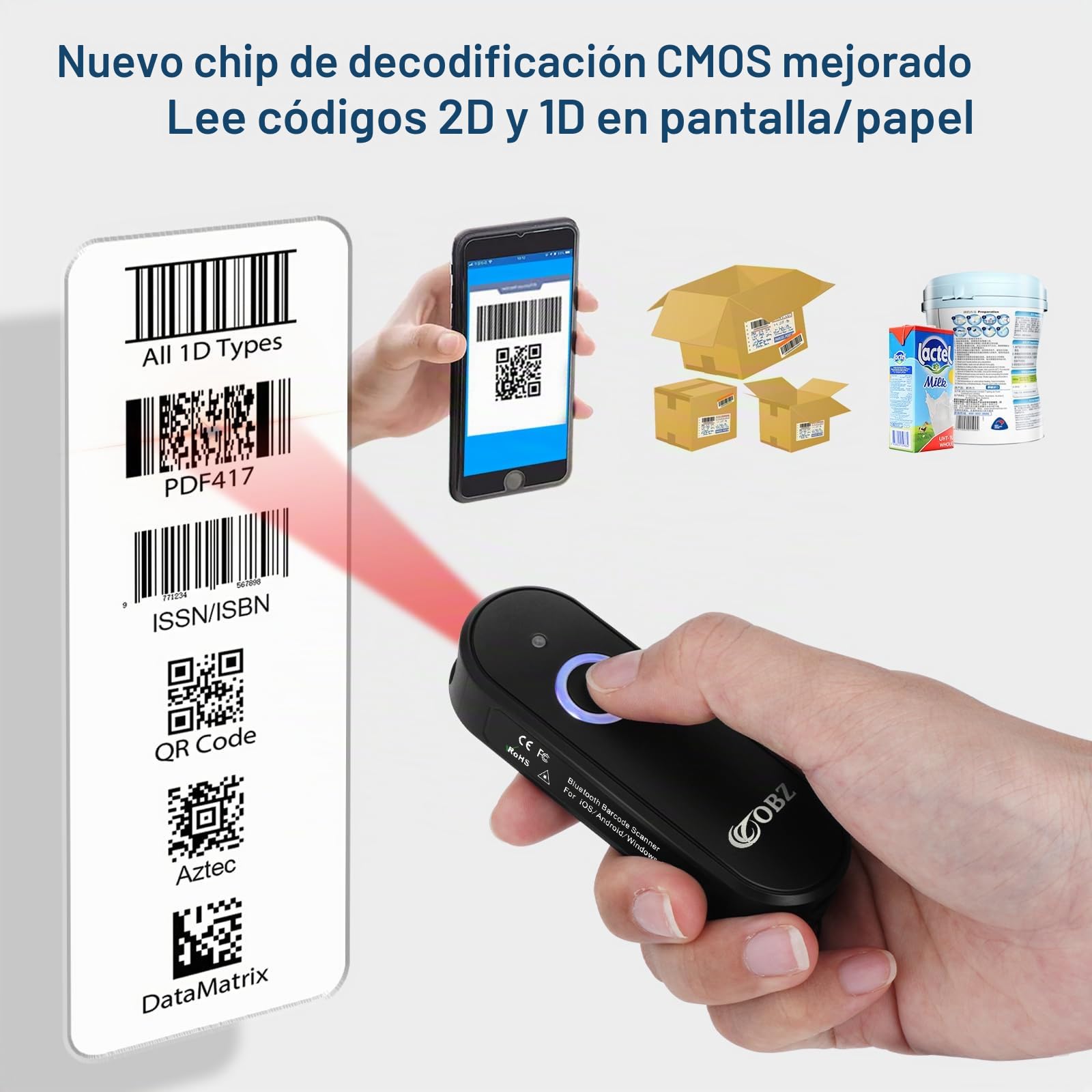 OBZ Lector de Código de Barras y QR Inalámbrico 3-en-1 (USB/2.4G/Bluetooth), 1D 2D Escáner de Código de Barras Pistola Portátil para Inventario, Compatible con PC, Mac, Tablet, iOS y Android