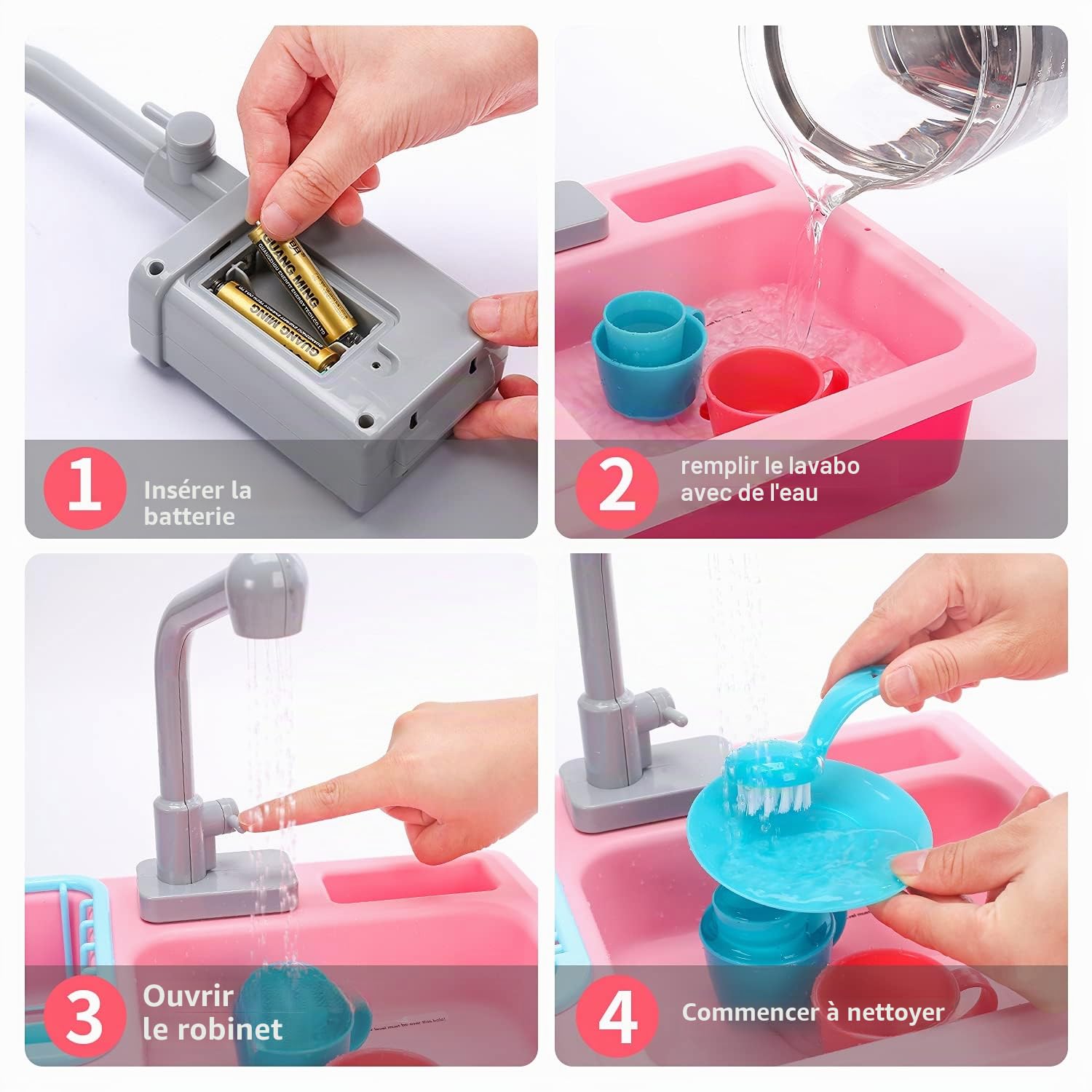 cute stone Ensemble évier de Cuisine avec Robinet d'eau Chaude, système de Recyclage de l'eau, dînette Qui Change de Couleur et Fruits à découper Jouet pour Enfants à partir de 3 Ans Rose