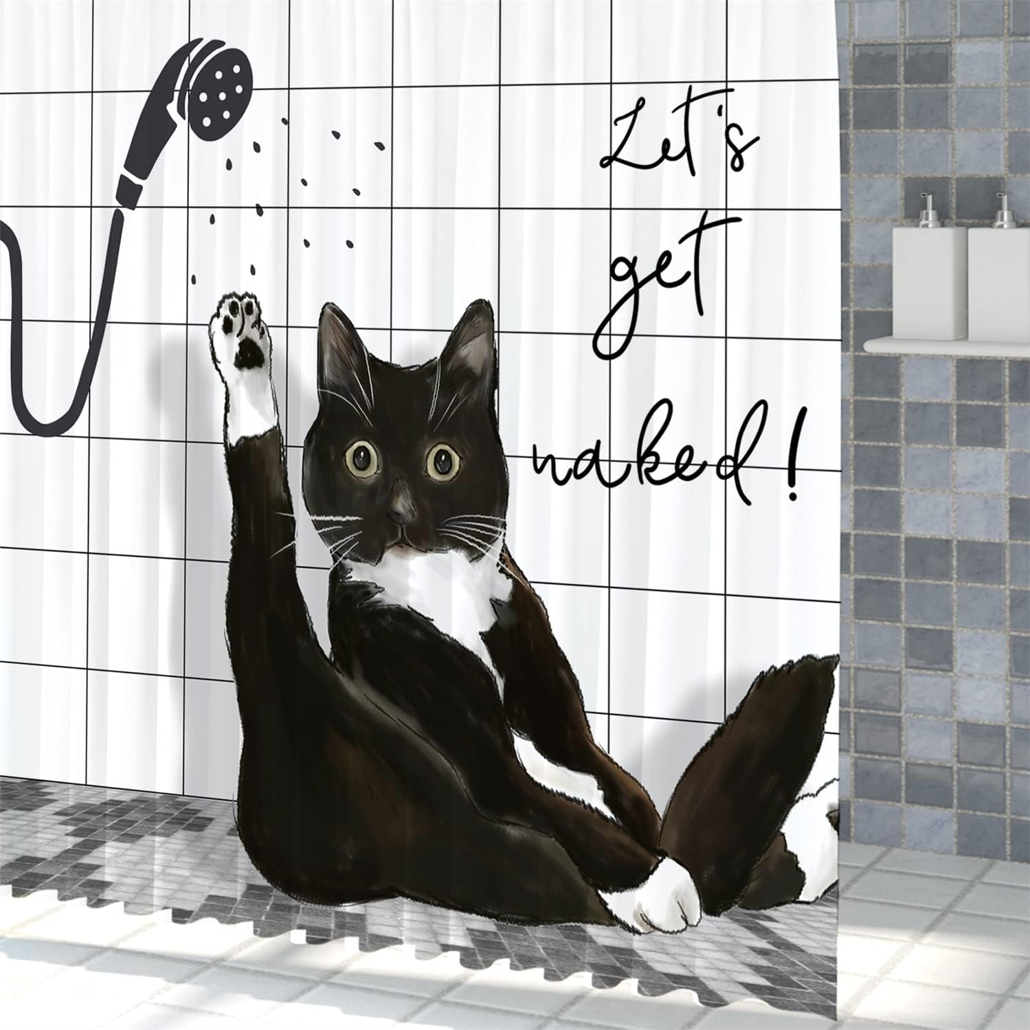 Cute Cat Shower Curtain Sets,Funny Hipster Animals Pattern