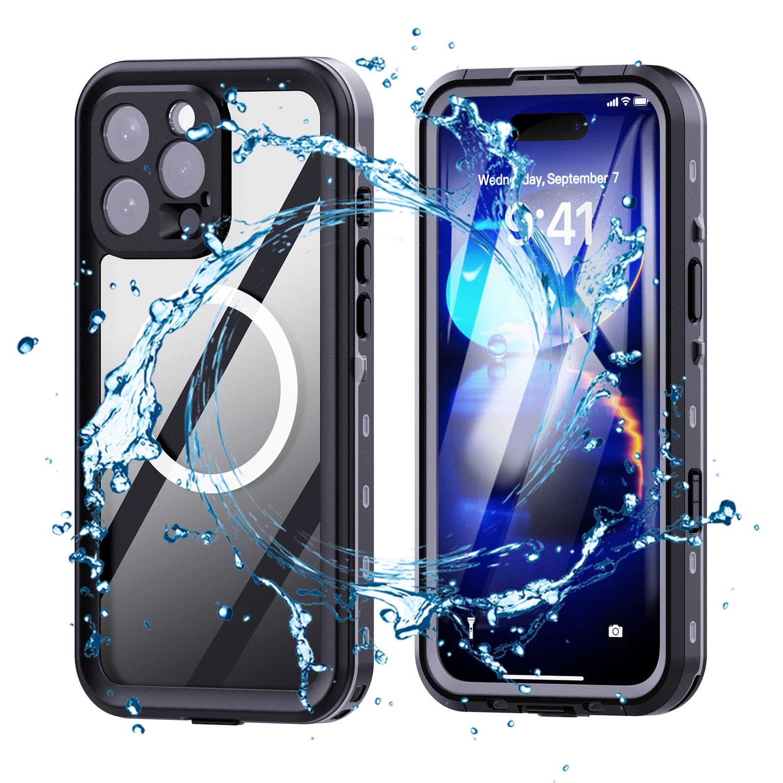 Funda impermeable para iPhone 16 Pro Max/16 Pro/16 Plus/16, compatible con MagSafe IP68 certificada bajo el agua, funda totalmente sellada con protector de pantalla integrado (negro, 16 Pro Max)