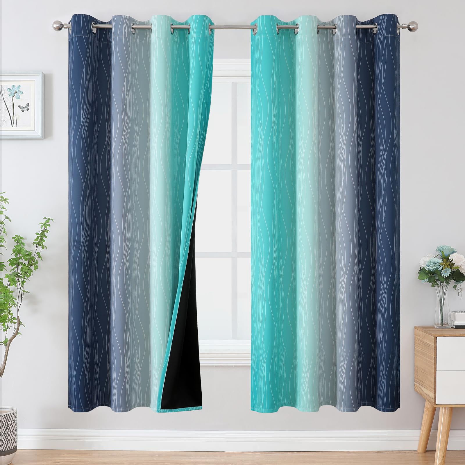 Estelar Textiler Navy Blue and Teal Blackout Curtains 72 Inch Length 2 Panels Set, Full Room Darkening Grommet Ombre Curtains for Bedroom, Thermal Insulated Light Blocking Gradient Drapes, 52Wx72L
