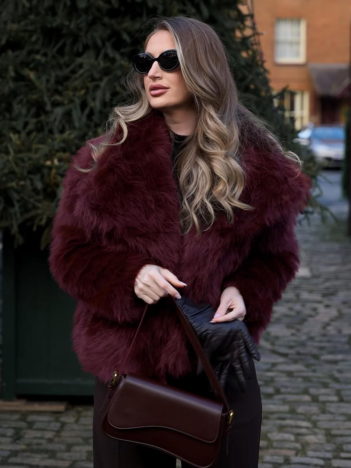 Gihuo Women's Faux Fur Jacket Winter Long Sleeve Fluffy Lapel Furry Shaggy Jacket Coat