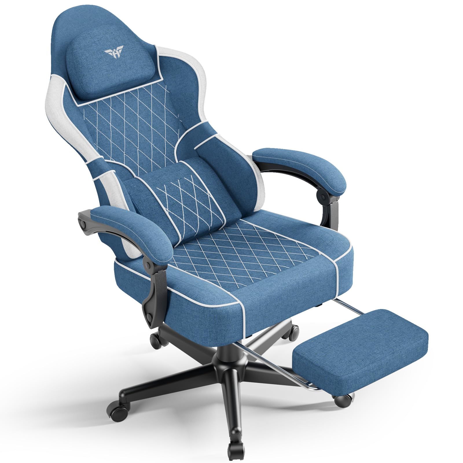Ferghana Silla Gaming Ergonómica con Masajeador,Silla Gamer con Fabric Transpirable,Soporte Lumbar de Masaje,Reposacabezas,Reposapiés,Silla de Oficina,Silla Ergonómica de PC (Azul,Tejido)