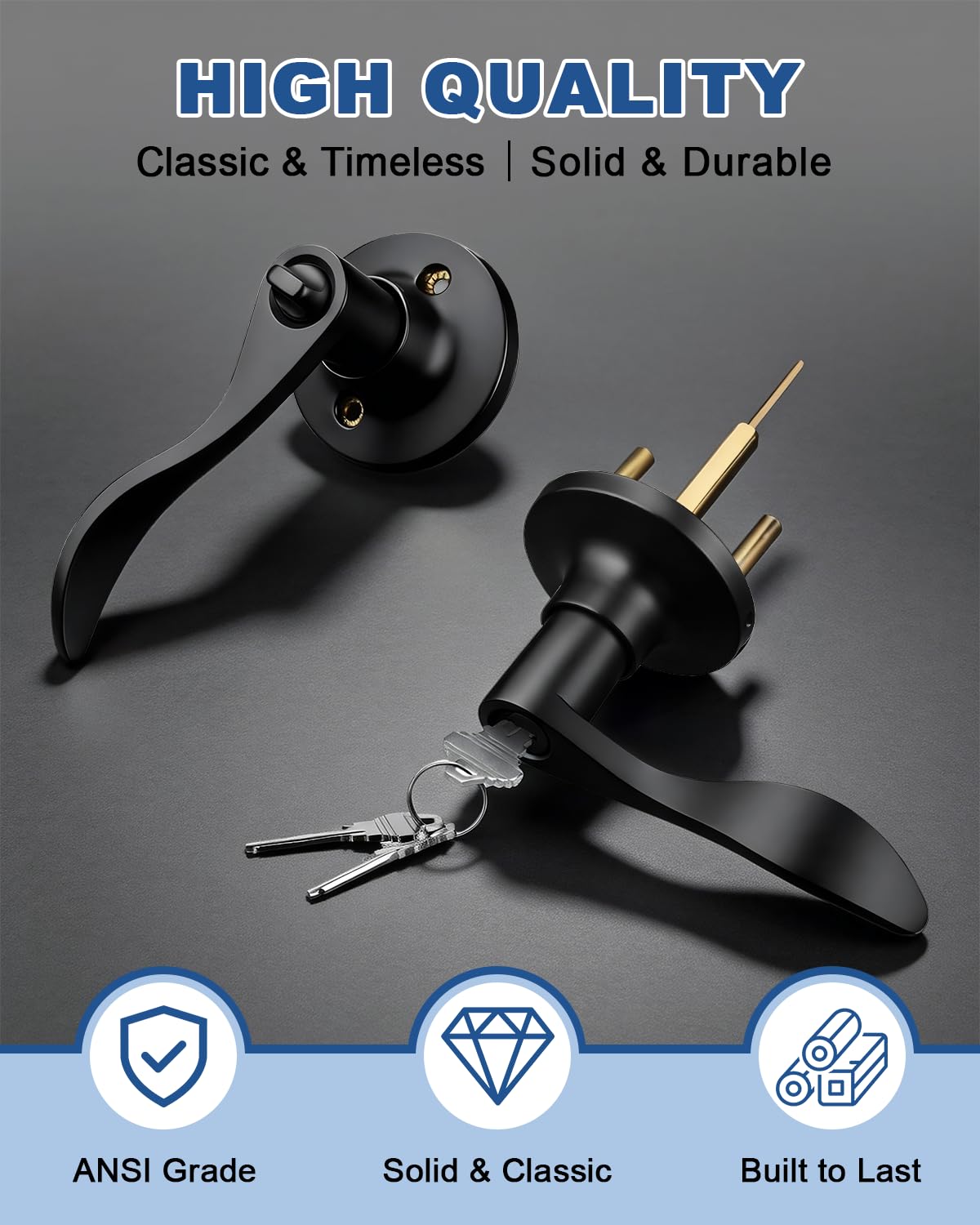 GOBEKOR 1 Pack Matte Black Front Door Handle with Lock and Keys,Reversible Exterior/Interior Door Handle with Lock,Keyed Entry Door Lock for Bedroom,Bathroom & Office,Wave Style Modern Home Decor - 2