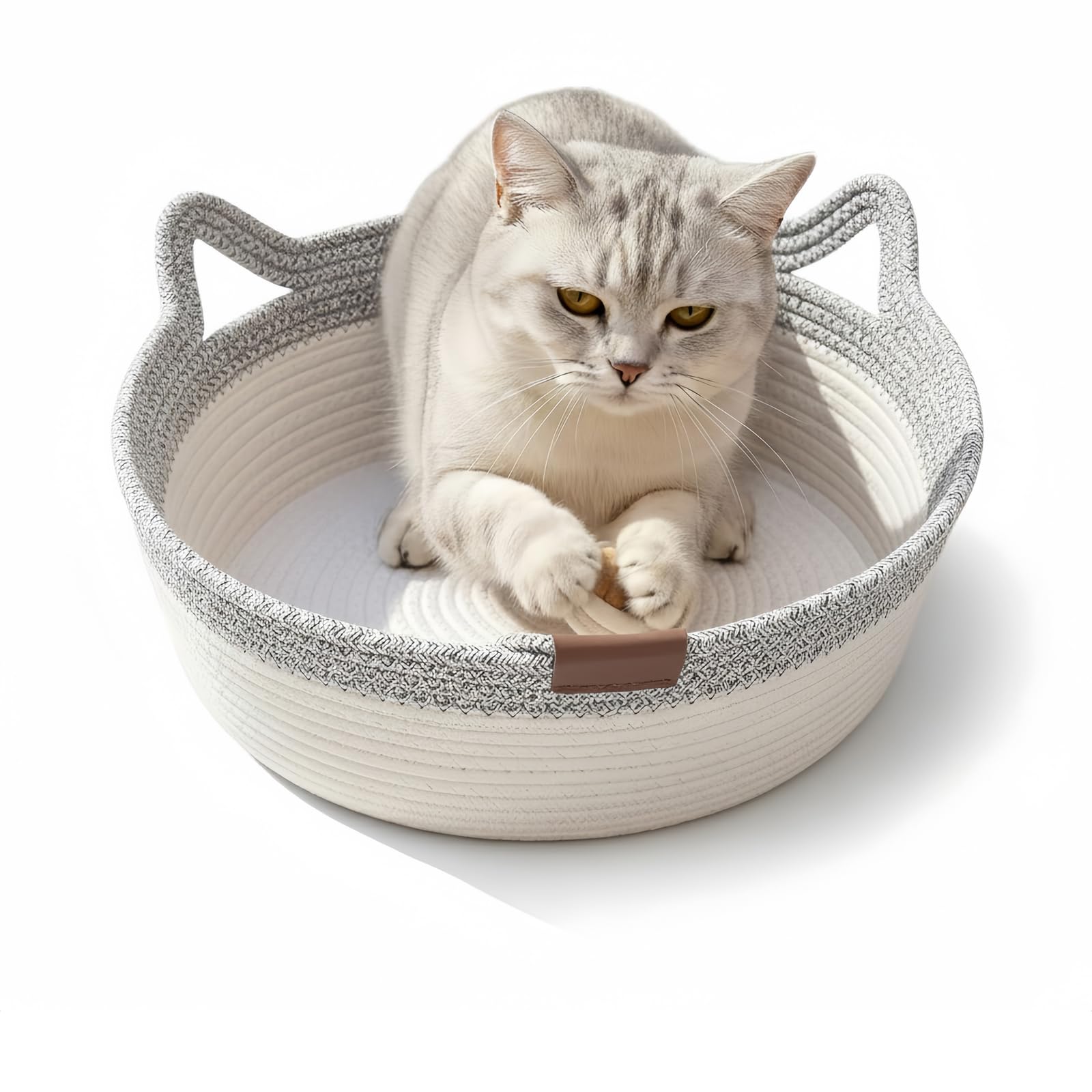 Instinct Basket for Cats - Handwoven Cotton Rope Enrichment Bed with Attached Toy Tail, Scratchable Interactive Pet Nest Features Flexible Walls to Fight Boredom & Protect Furniture (Gray, S)