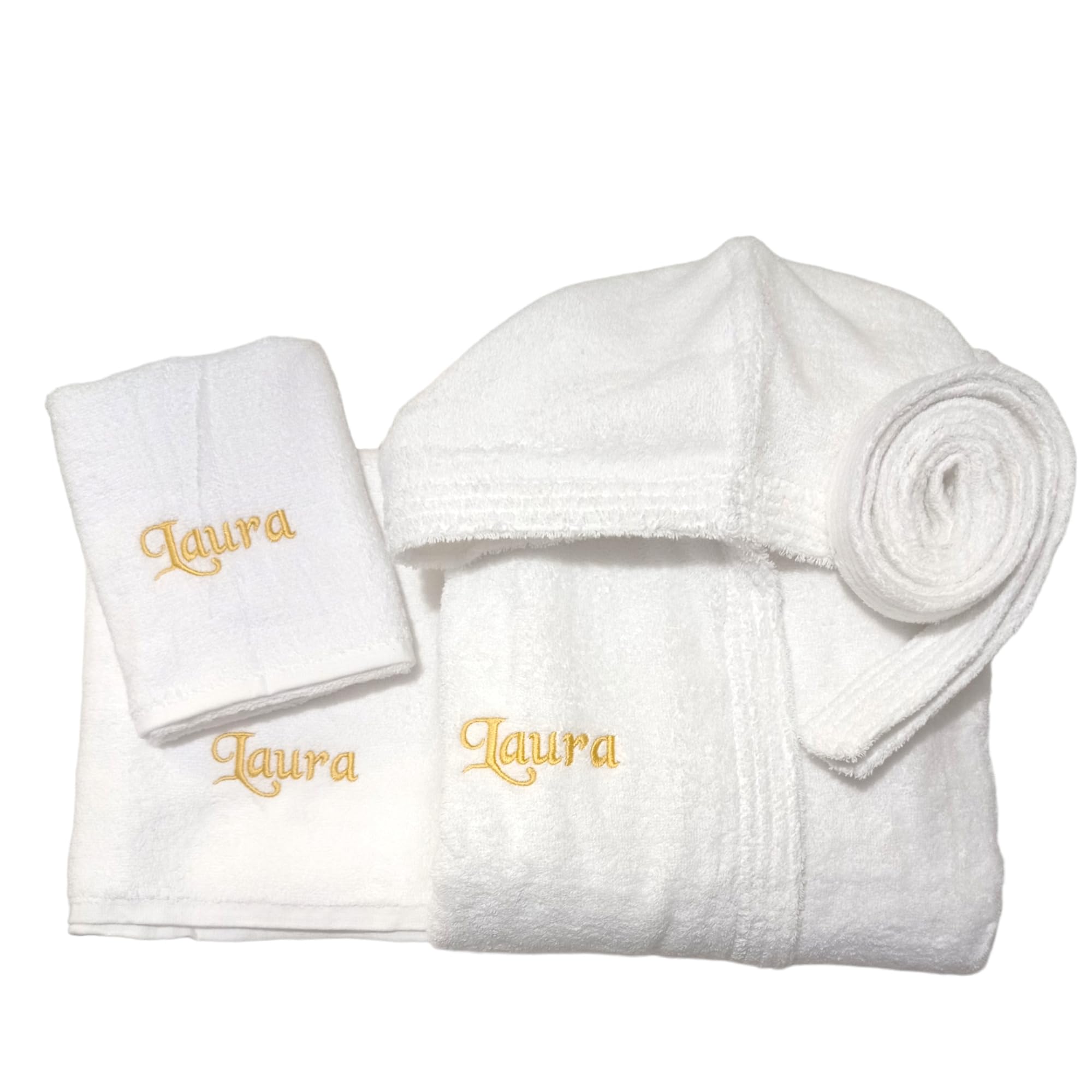 Accappatoio adulto e 2 asciugamani personalizzati con nome. Set accappatoio e asciugamani in spugna di cotone. Unisex Idea regalo