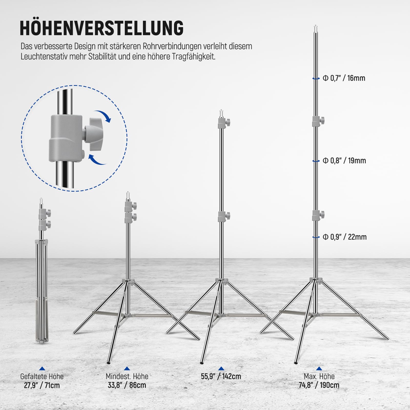 Neewer Verbesserter/190cm Lichtständer Licht Stativ Edelstahl federbelastet – Bild 3
