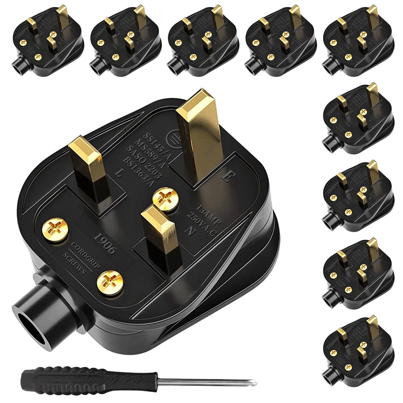 UK Plugs with 13 AMP Fused, 3 pin Mains Plug with Cord Grip Rewireable Heavy Duty Electrical Plug, Rubber Composite Plug