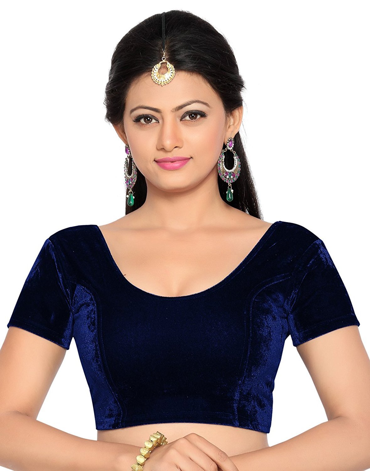 StylesindiaWomen's Velvet Stretchable Sari Blouse XXL (for Bust Size 34-38 Inches)-Navy, Navy Blue, XXL