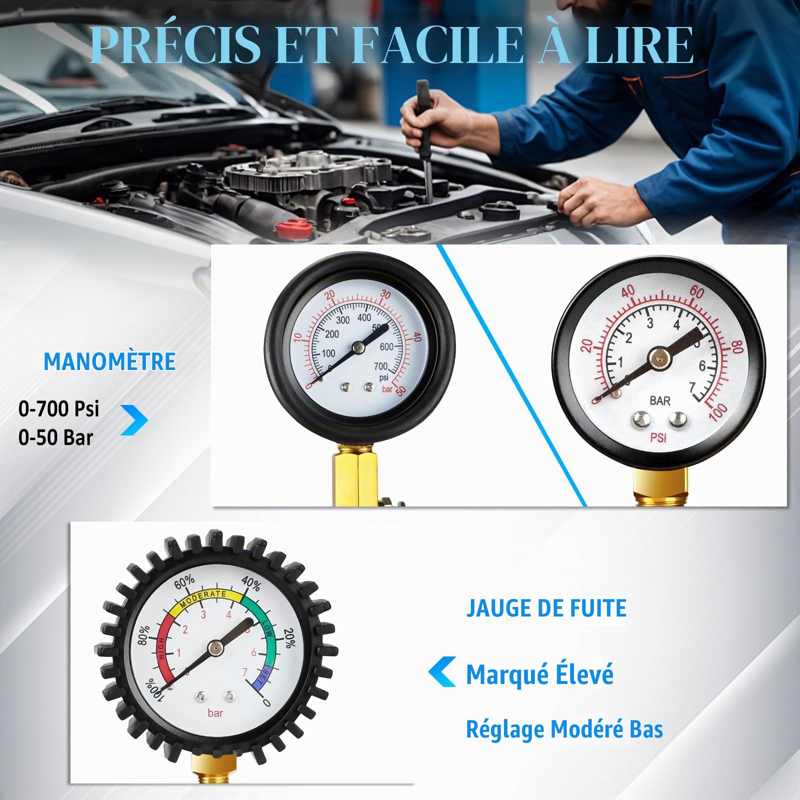 D-Lumina Testeur de Compression Professionnel 46 Pièces, Testeur de Fuite de Pression de Moteur Diesel et Essence avec Adaptateur pour la Plupart des Moteurs de Voiture, Camion, Agricoles et Marins.