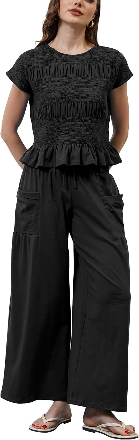 Womens Summer 2 Piece Outfits Smocked Tops Elastic Waist Wide Leg Pants with Pockets Casual Boho Lounge Matching Set
