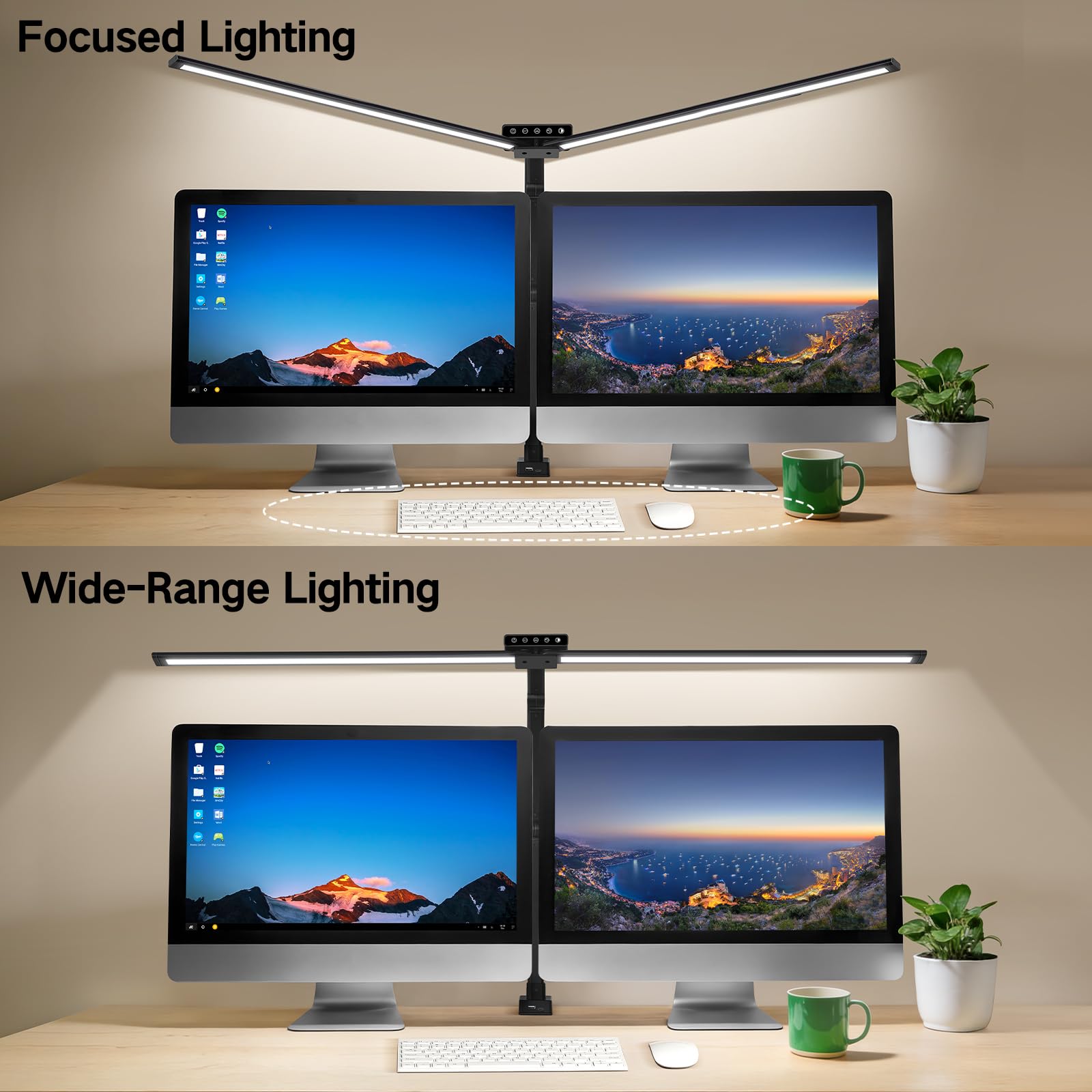 OUTON LED Schreibtischlampe Doppelkopf, Schwenkbarer Gelenkarm, USB-A & USB-C, Fernbedienung, 5 Farbtemperaturen, Stufenlos Dimmbar, Timer & Memory, Monitorlampe Büro & Homeoffice, Schwarz