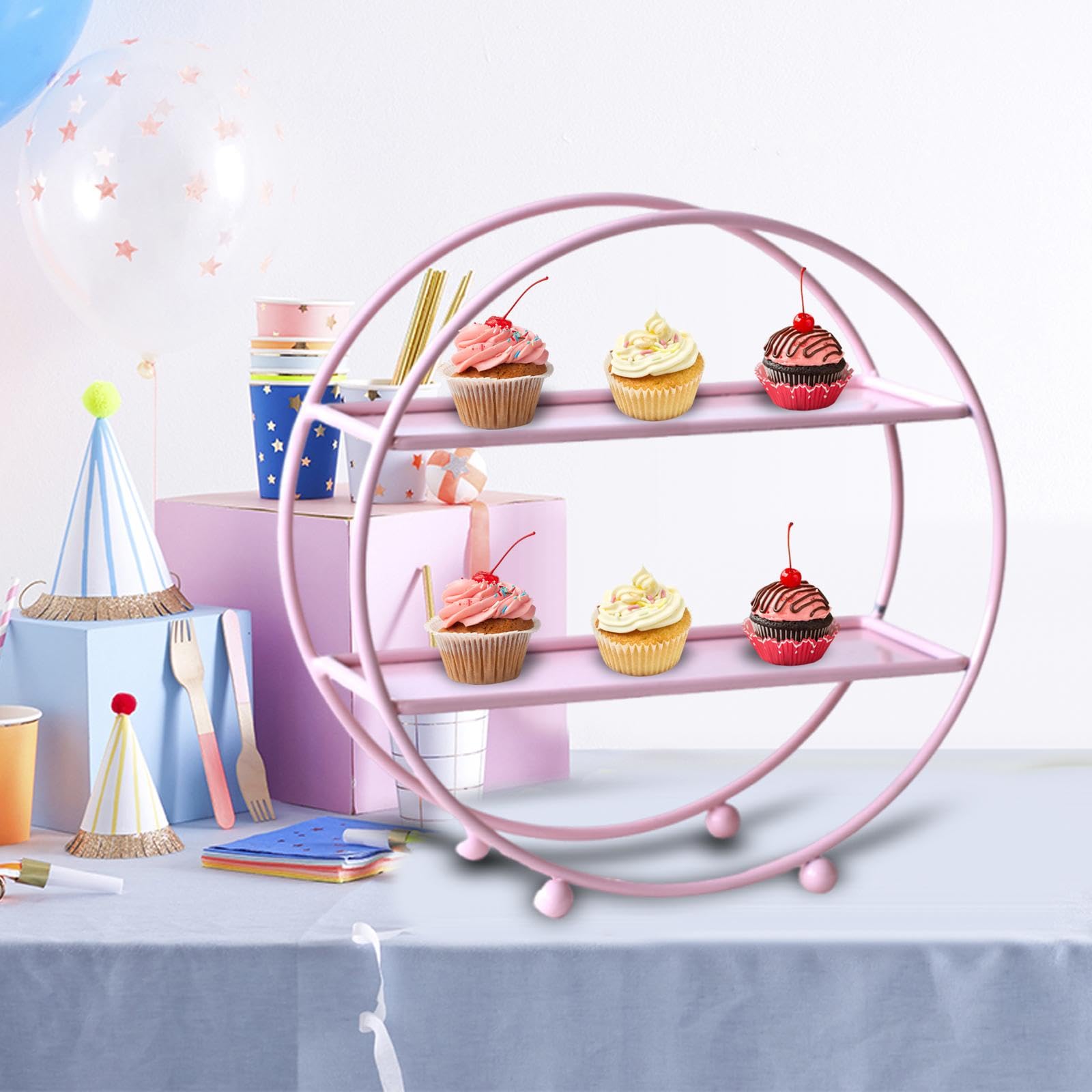 Bandeja de Servir Cupcakes de 2 Niveles, Bandeja de Servir Escalonada, Expositor de Postres para Merienda de Cumpleaños, Redonda de Metal, Rosa, Individual