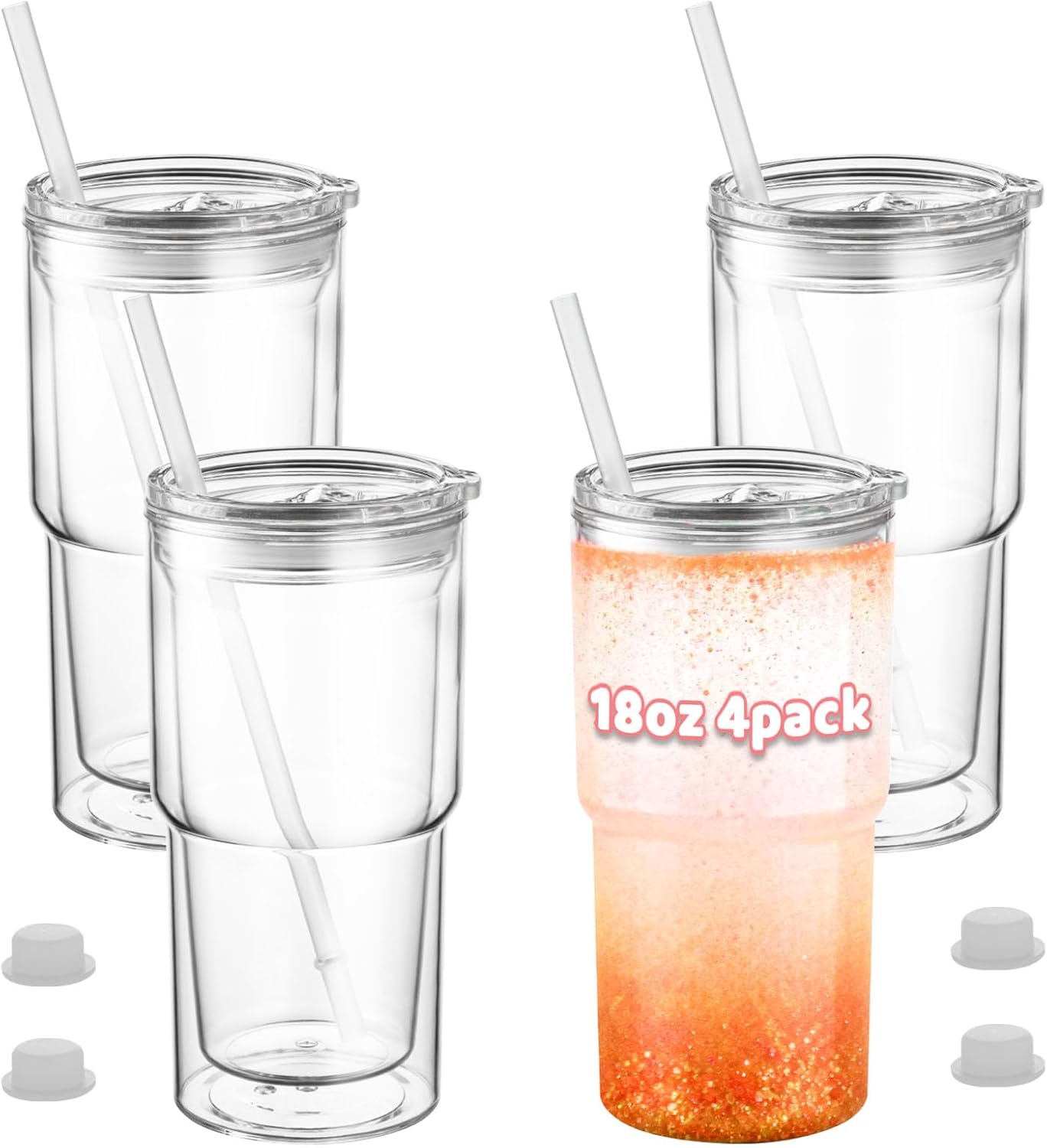 ZONEGRACE 18 oz Snow Globe Tumbler Cups with Lids & Straws, Pre-Drilled Double Wall Acrylic Plastic Snowglobe Tumblers with Hole and Plug for DIY Liquid, 4 Pack / 8 Pack Bulk Supplies