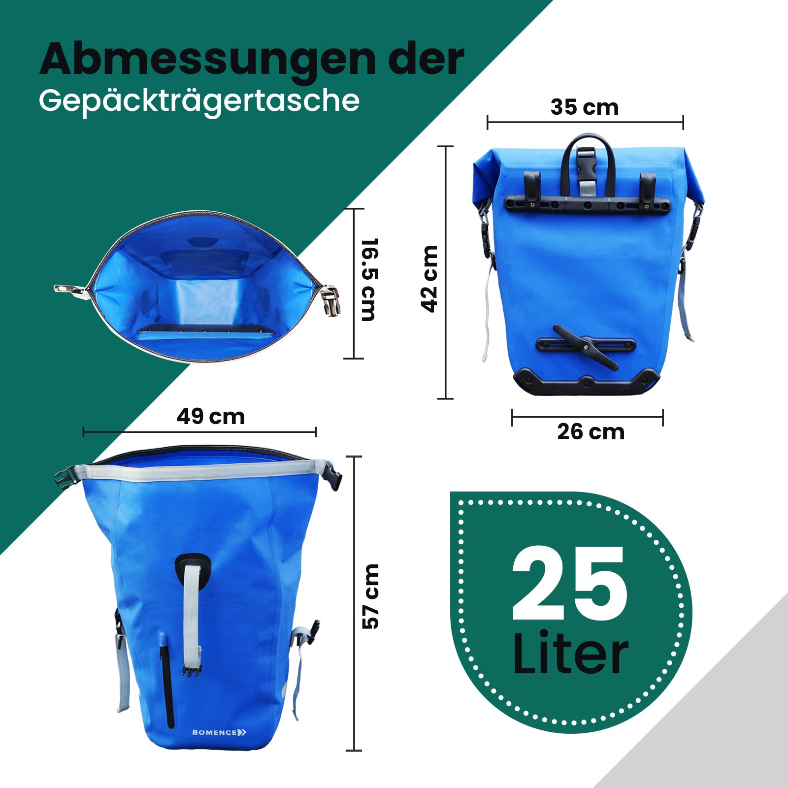 Bomence Fahrradtasche für Gepäckträger wasserdicht - Satteltasche für Fahrrad, Radtasche, Gepäckträgertasche groß, blau, 25L, Single