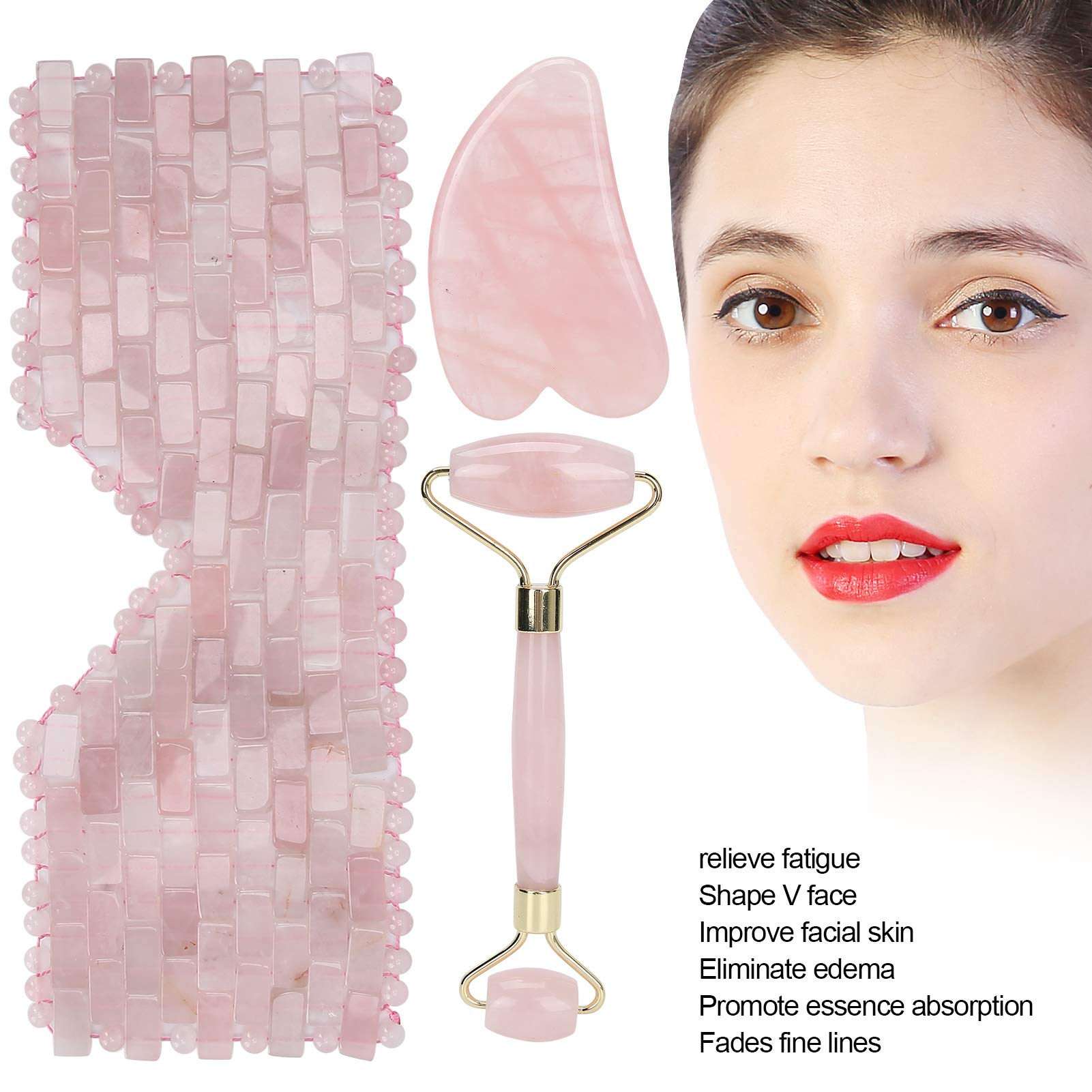 Rullo di giada, kit viso e giada Gua Sha Set di tavolette raschianti per massaggio viso al quarzo rosa per donne e ragazze anti-età, migliorare le occhiaie