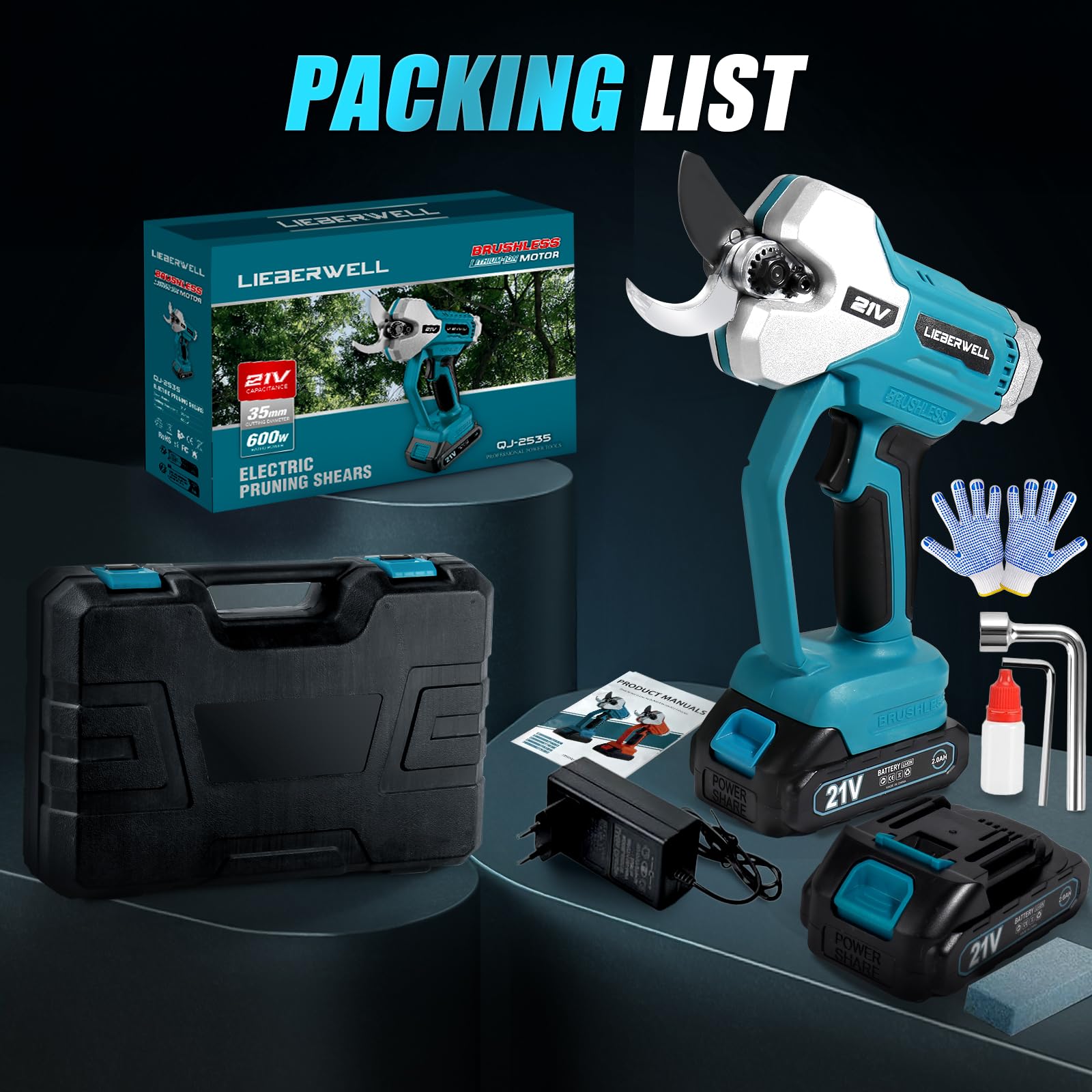 Cesoie elettrica per batterie Makita 18V, cesoie da giardino professionali con 2 batterie da 2000mAh, cesoie da giardino a motore brushless manuali con LCD contatore di tagli, diametro di taglio 35mm