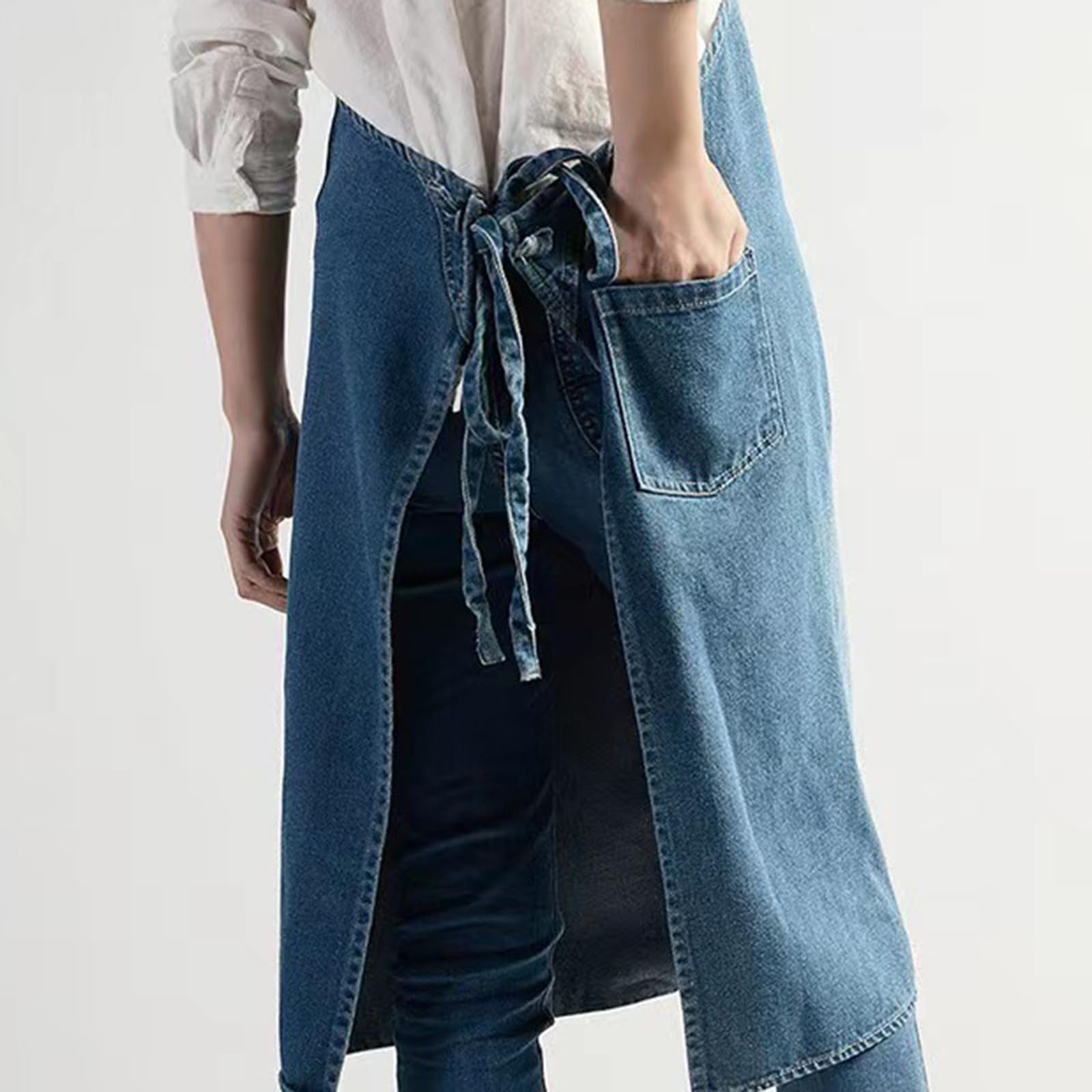 Grembiule Lungo In Denim per Uomo E Donna Grembiule Da Lavoro Alla Moda In Cotone Effetto Strappato Ideale Per Cucina, Hobbistica e Cottura Al Forno
