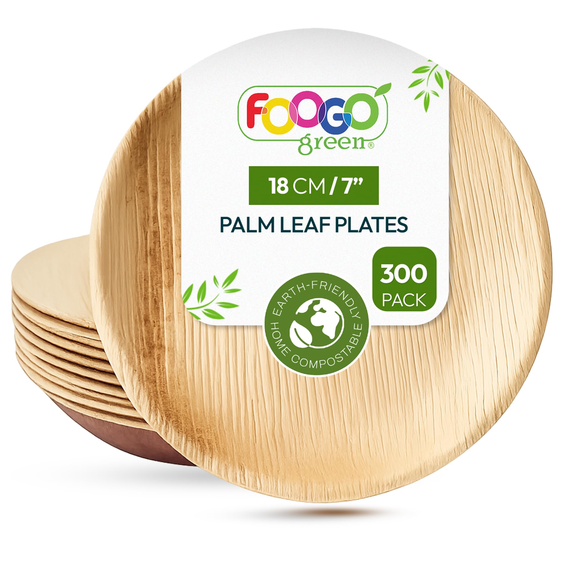 FOOGO Green 300pcs Disposable Palm Leaf Plates, 7"(18cm) Small Round for Desserts, Eco Friendly Biodegradable Compostable Like Wooden, Bamboo, Paper Plates for Hot Food, Picnic Wedding Parties