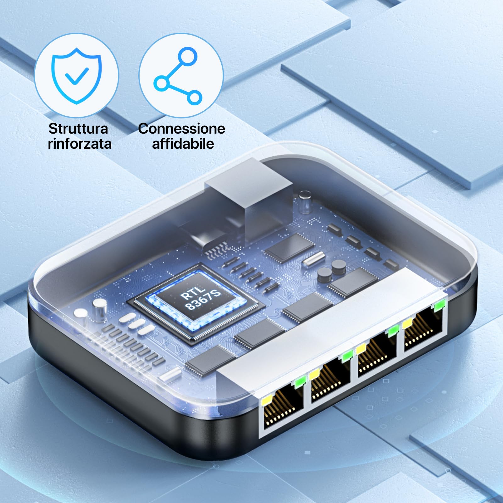 KiwiBird sdoppiatore ethernet 4 Porte Splitter ethernet 1000Mbps sdoppiatore Cavo LAN RJ45 gigabit Mini Switch 1 Ingresso 4 uscite per Cat 8 7 6 5e 5 Compatibile con Router Fibra Ottica PC TV Box PS5