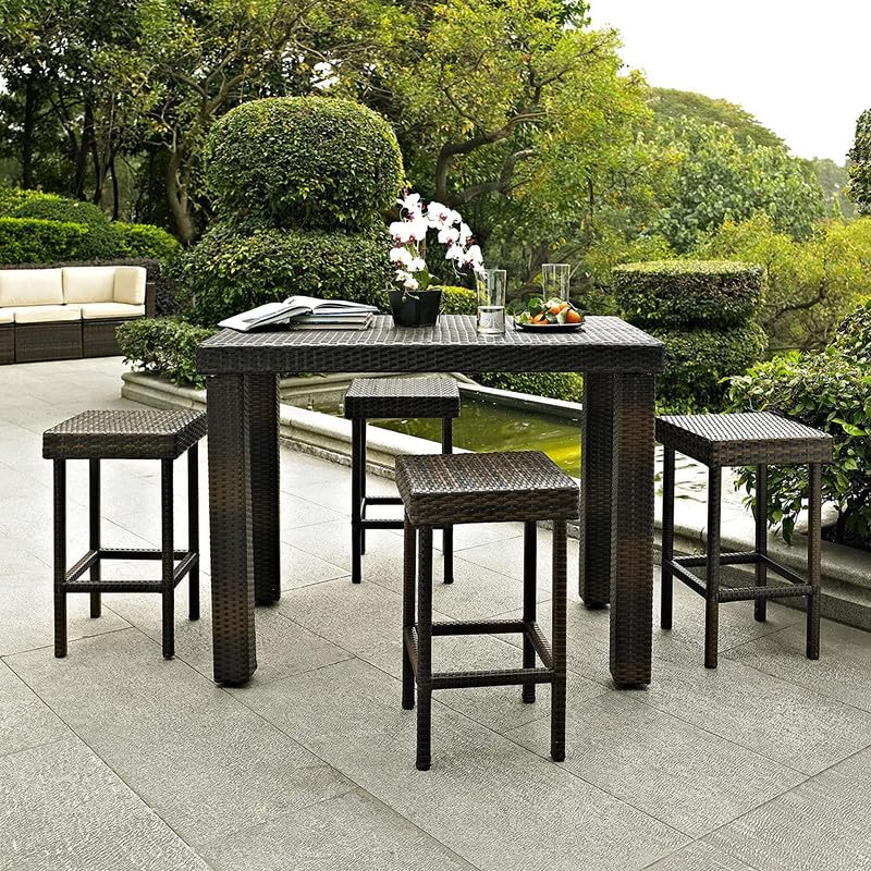 Image of OUTLIVING Patio Rattan Wicker Rectangular Bar Table with 4 Bar Stools | Multipurpose 4 Seater Outdoor Bar Set Furniture for Home, Poolside, Porch, Garden, Balcony, Backyard, and Courtyard (Brown)