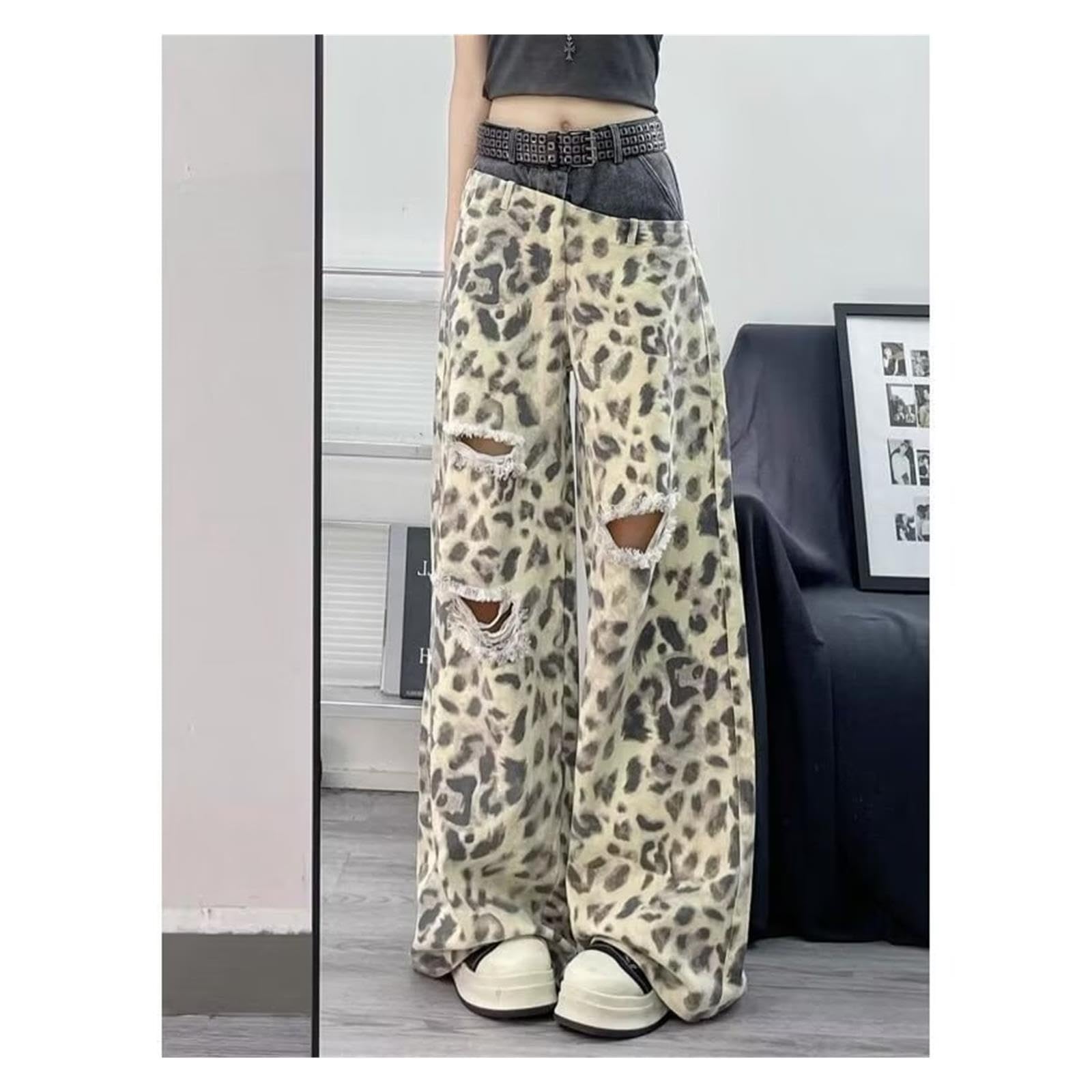 Jeans Stampa Leopardo Gamba Larga Jeans Vita Alta Jeans Denim Strappati