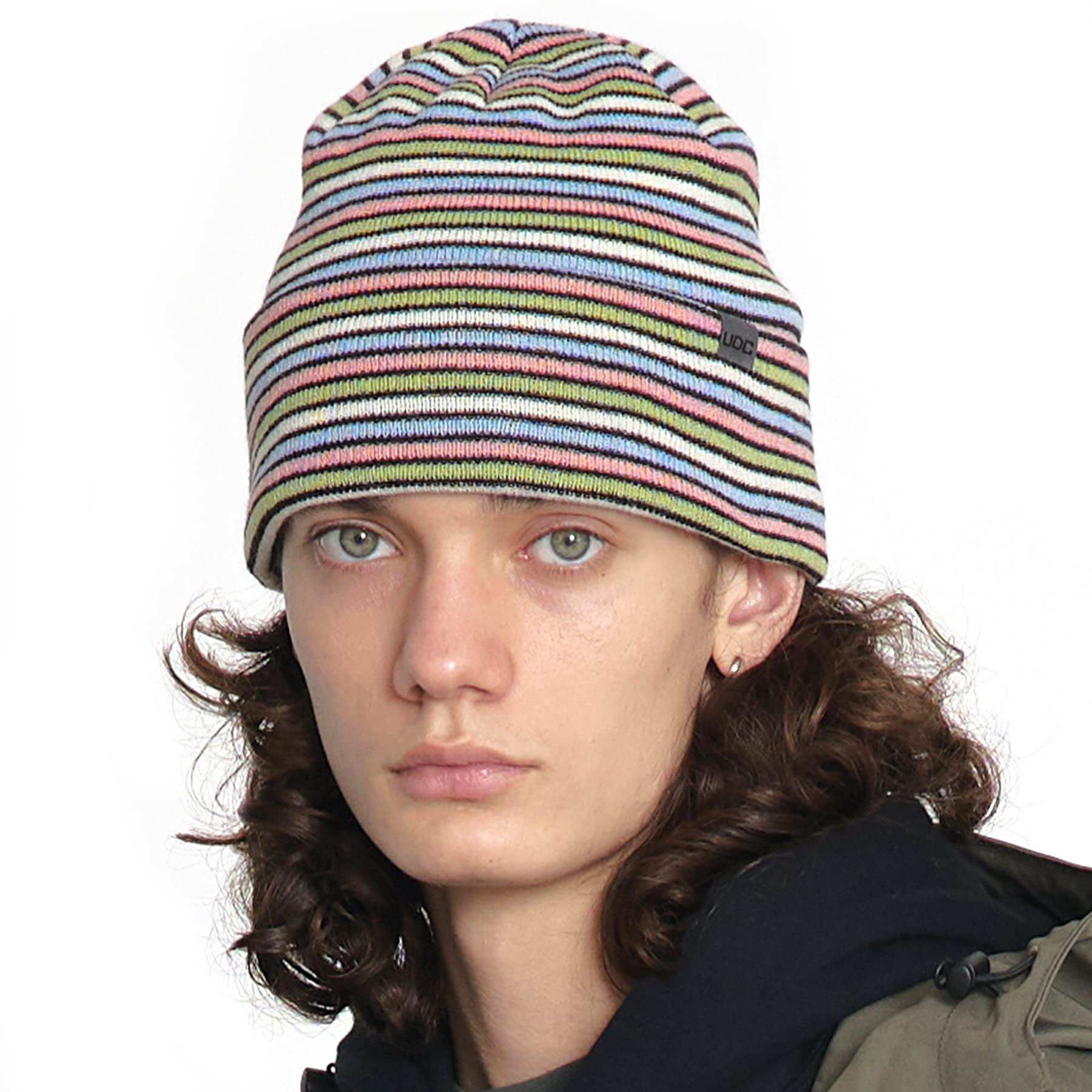 UNDERCONTROL Stripe Pattern Roll up Skullcap Warm Winter Watch Hats Thick Knit Cuff Square Logo Patch Unisex Fisherman Beanie