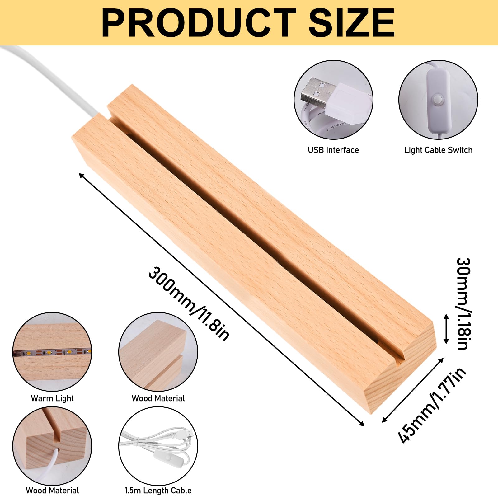 Set di 2 basi per display di luci LED, base per prese LED in legno, supporto per display di luci LED rettangolare, supporto per luci LED desktop, base illuminata USB in legno per luci LED, base per